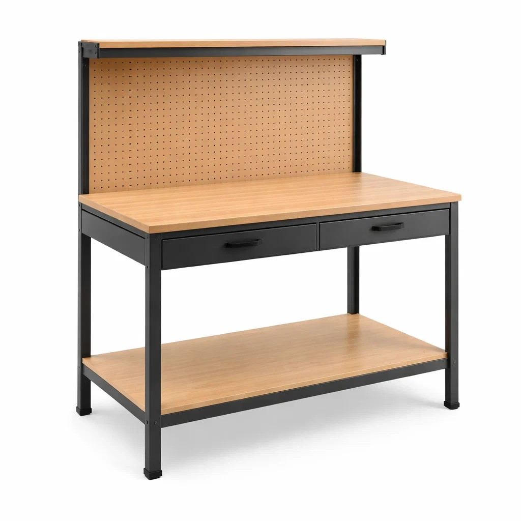 Banco da lavoro in acciaio con superficie in mdf e cassetti-ELEGANTLIVINGNOOK