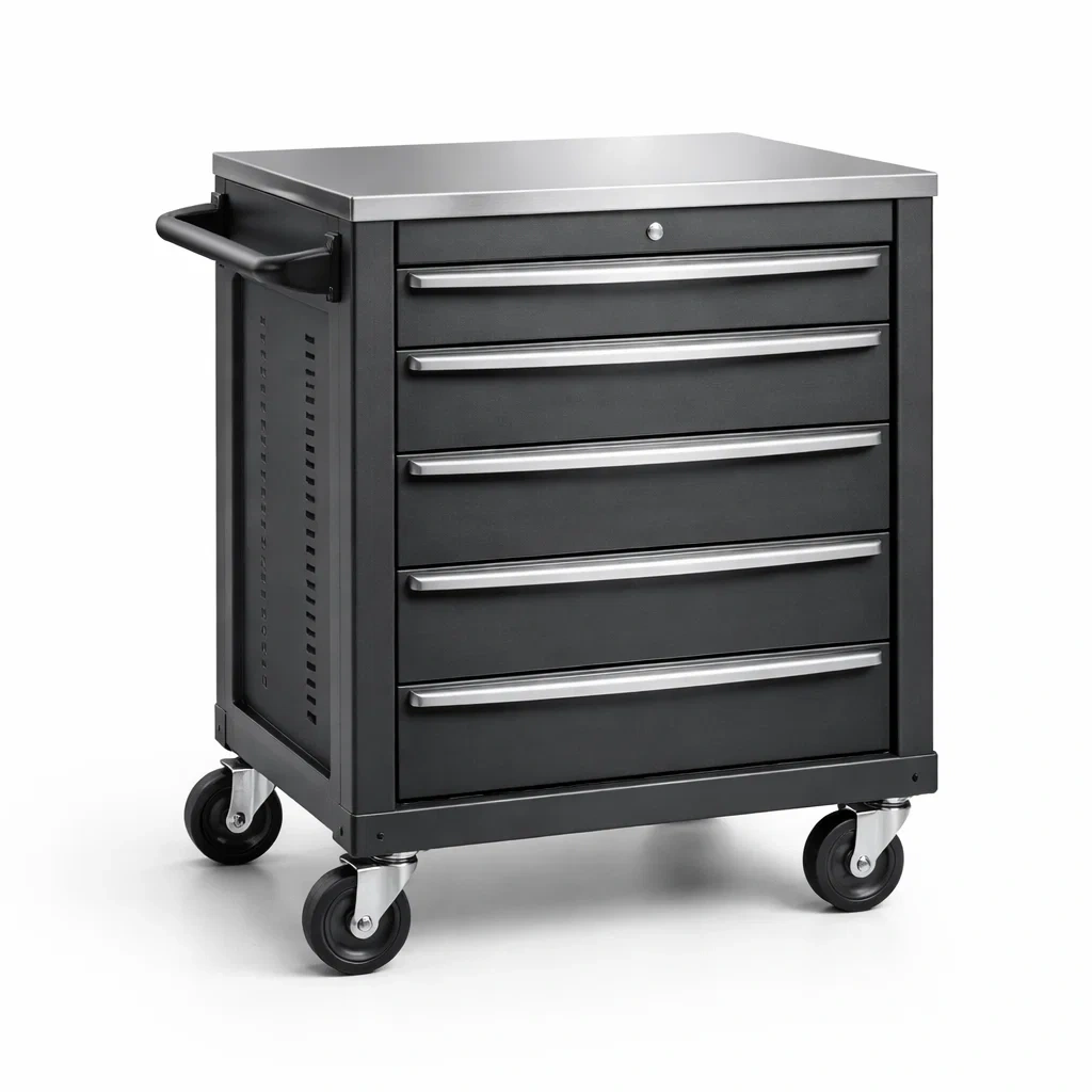 Carrello portautensili in acciaio nero con cassetti e ruote-ELEGANTLIVINGNOOK
