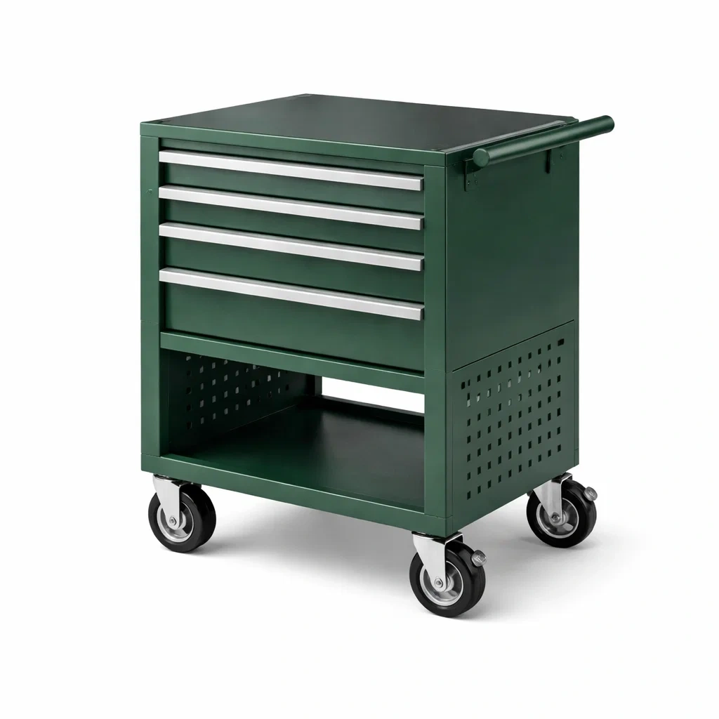 Carrello portautensili in metallo verde con cassetti e ruote-ELEGANTLIVINGNOOK