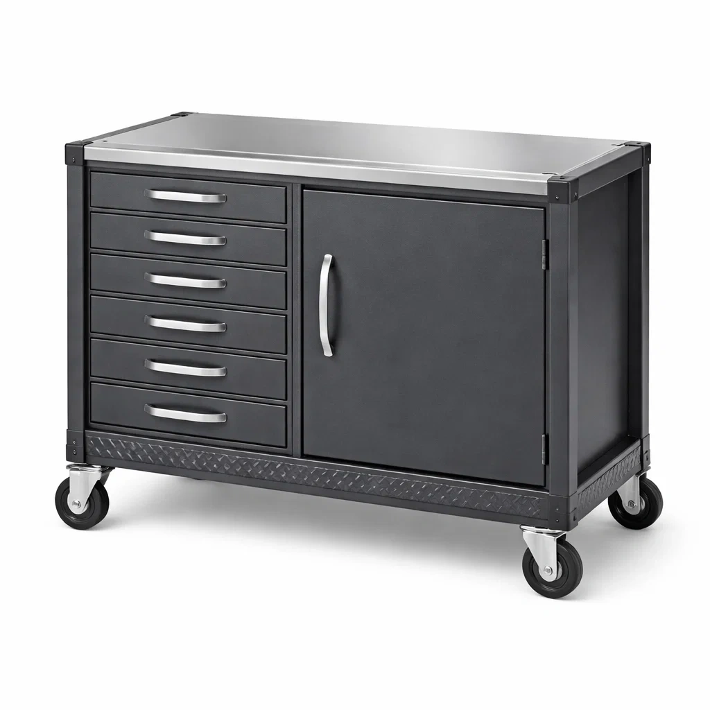 Carrello portautensili da lavoro in acciaio grigio con cassetti e anta-ELEGANTLIVINGNOOK