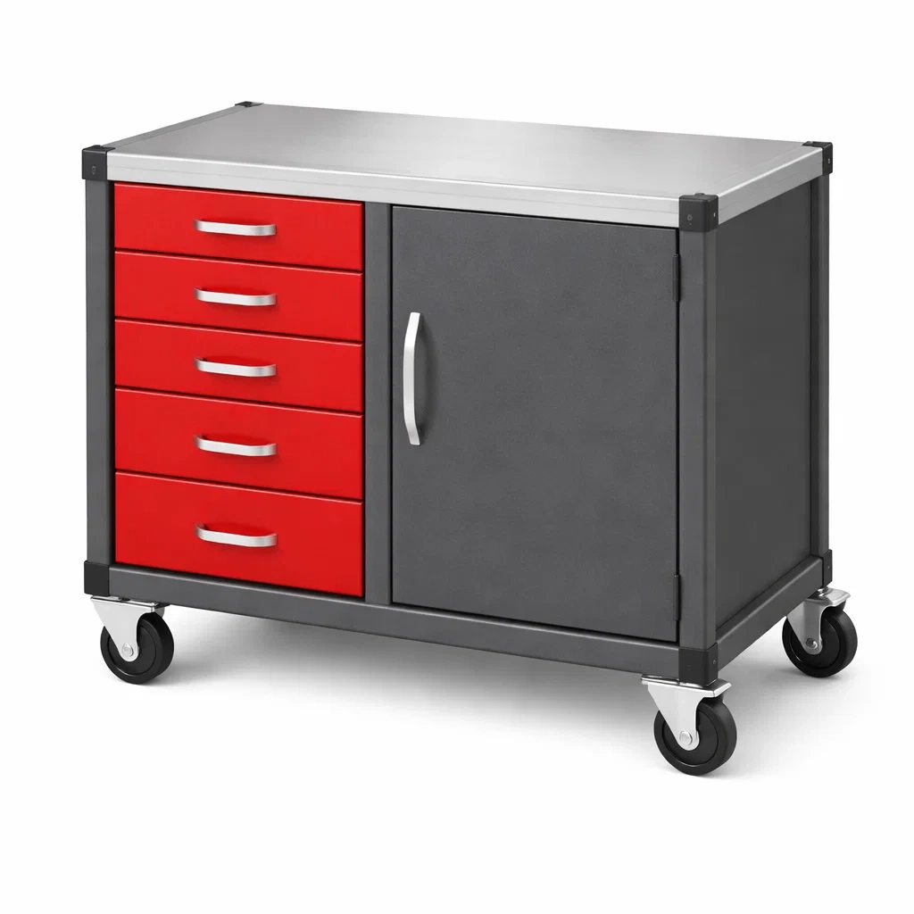 Carrello portautensili da officina in metallo con cassetti e anta rosso nero-ELEGANTLIVINGNOOK