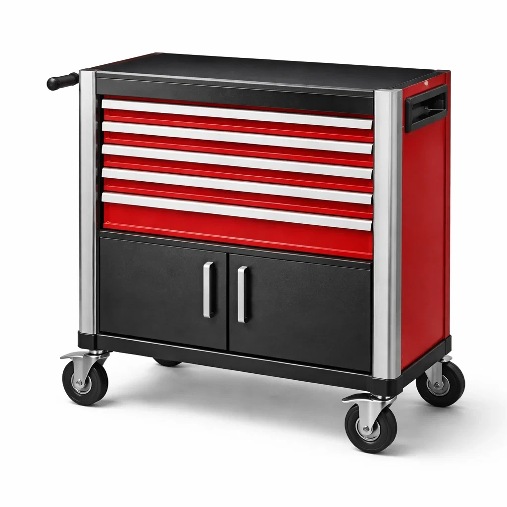 Carrello portautensili in metallo con cassetti e ruote rosso nero-ELEGANTLIVINGNOOK