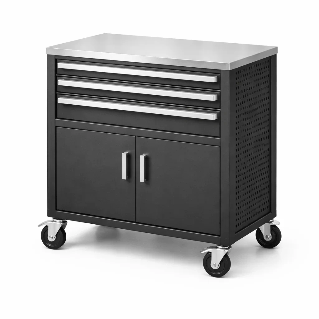 Carrello portautensili in acciaio con superficie in acciaio inossidabile nero-ELEGANTLIVINGNOOK