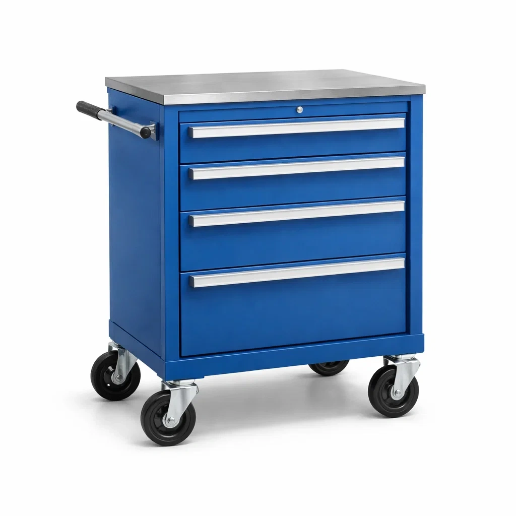 Carrello portautensili in metallo blu con piano in acciaio e cassetti-ELEGANTLIVINGNOOK