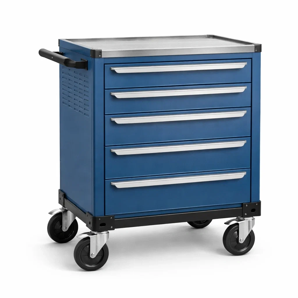 Carrello portautensili in acciaio con cassetti e ruote blu-ELEGANTLIVINGNOOK