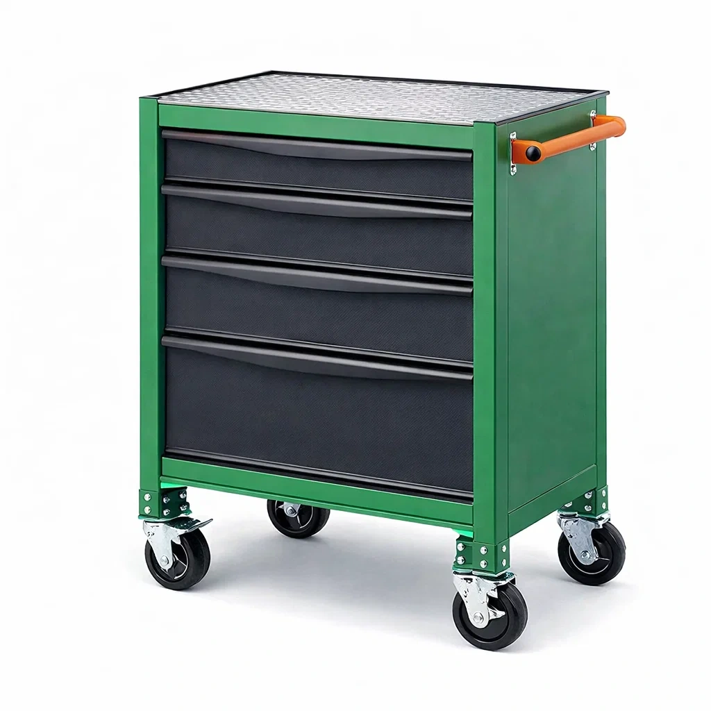 Carrello portautensili in metallo verde con cassetti e ruote-ELEGANTLIVINGNOOK