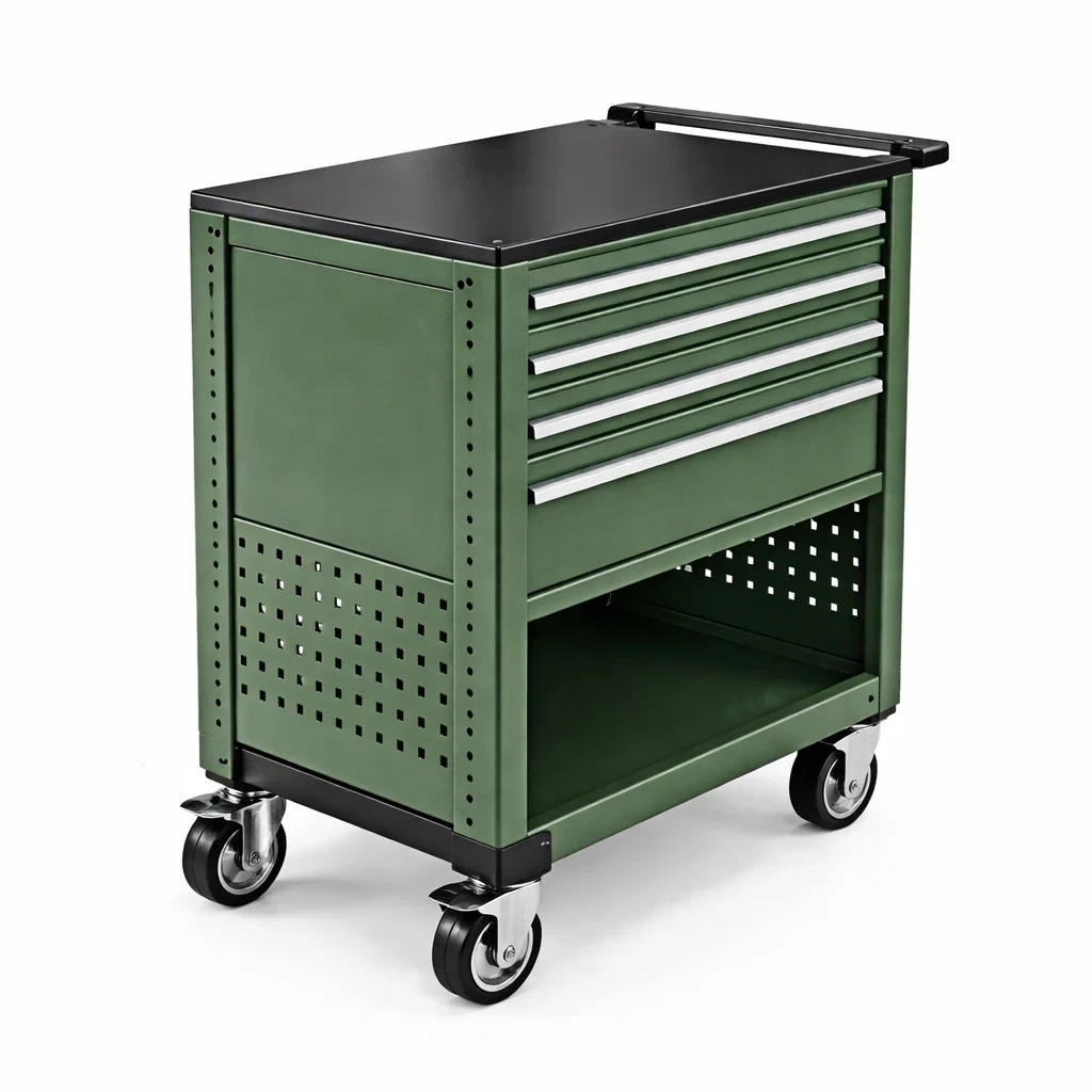 Carrello portautensili in metallo verde con cassetti e ruote-ELEGANTLIVINGNOOK