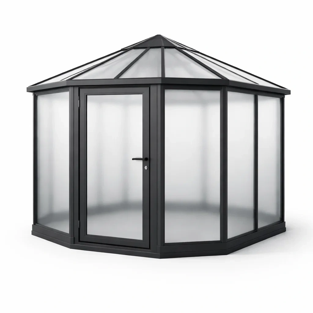 Serra da giardino esagonale in alluminio nero e vetro acrilico-ELEGANTLIVINGNOOK