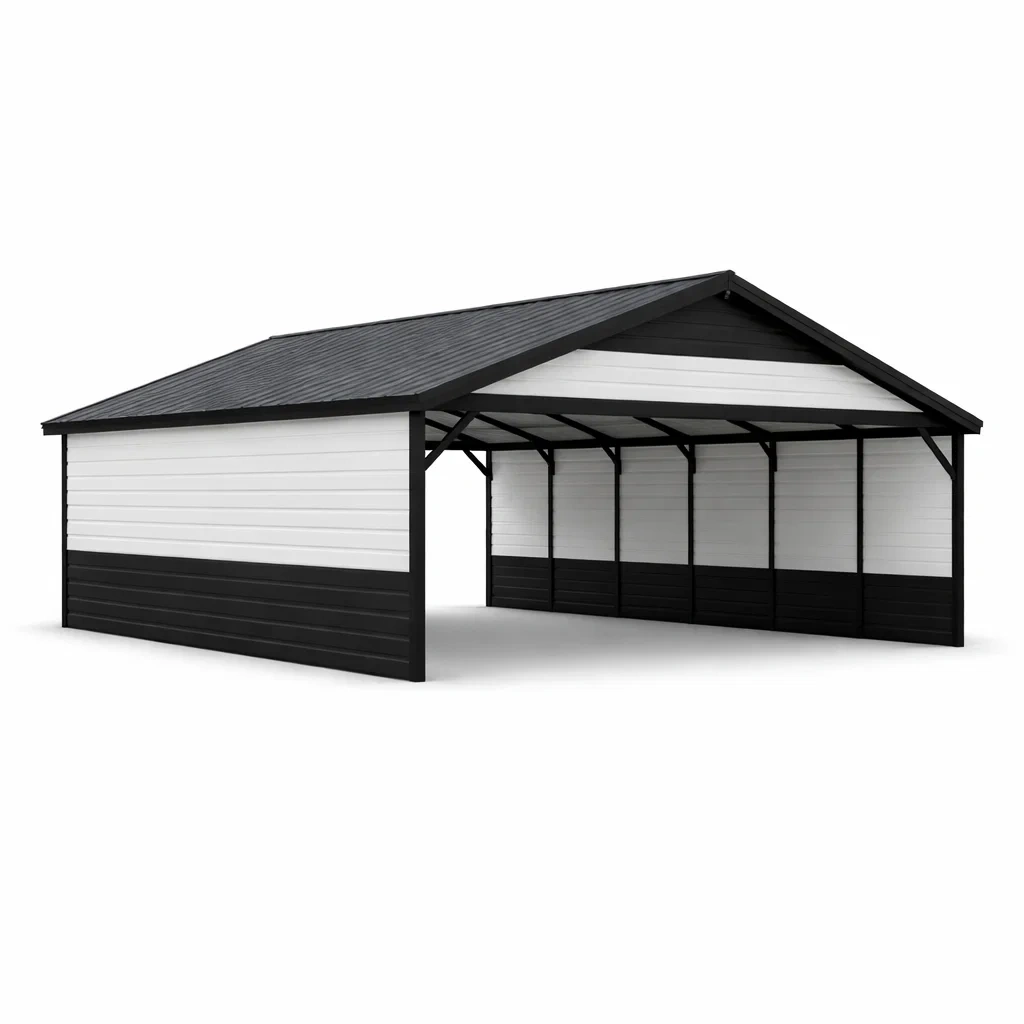 Carport in metallo nero e bianco con telaio in acciaio-ELEGANTLIVINGNOOK
