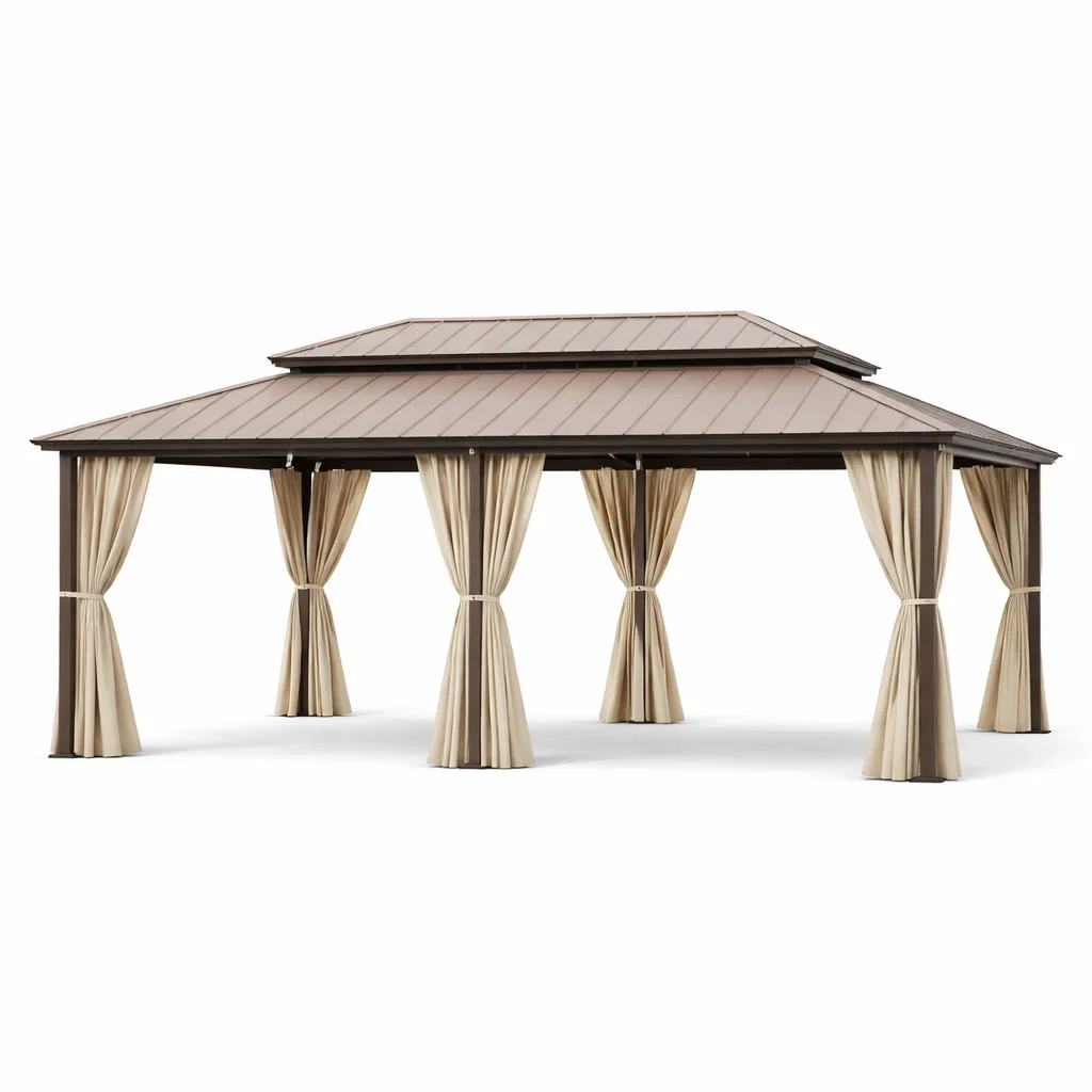 Gazebo in alluminio con tetto in policarbonato e tende in poliestere-ELEGANTLIVINGNOOK