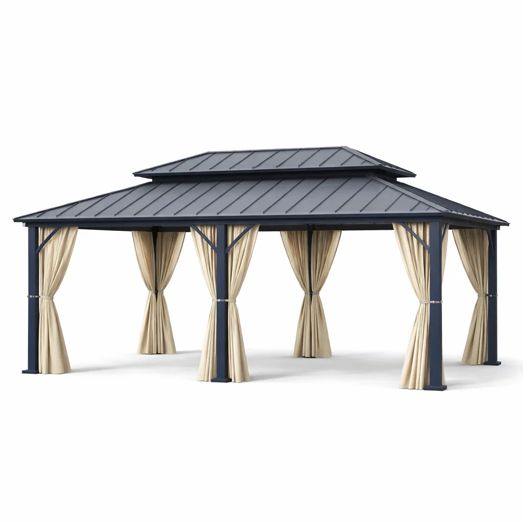 Gazebo in alluminio blu con tende in poliestere beige-ELEGANTLIVINGNOOK