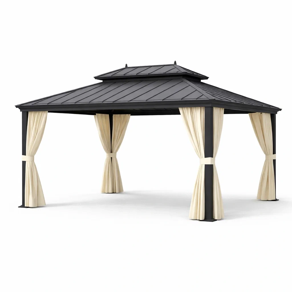 Gazebo in alluminio con tetto in acciaio e tende in poliestere-ELEGANTLIVINGNOOK