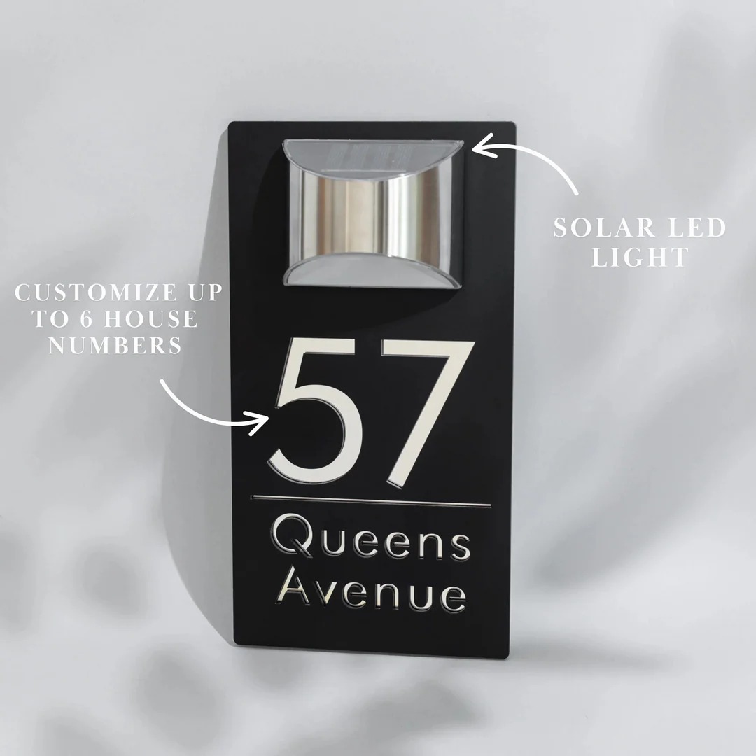 Personalized Solar Modern Door Plaque | Custom Illuminated House Number Sign for Curb Appeal