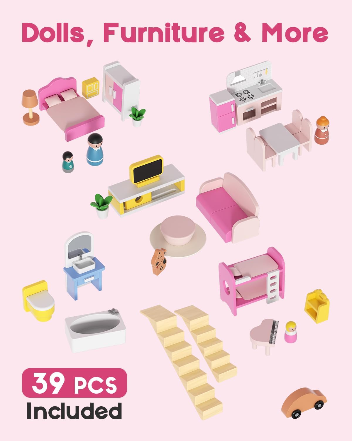 Wooden Dollhouse for Girls, Large Pink Wooden Doll House with 39 Furniture Accessories, Elevator & Garage, 5 Rooms Modern Dollhouse for Toddlers