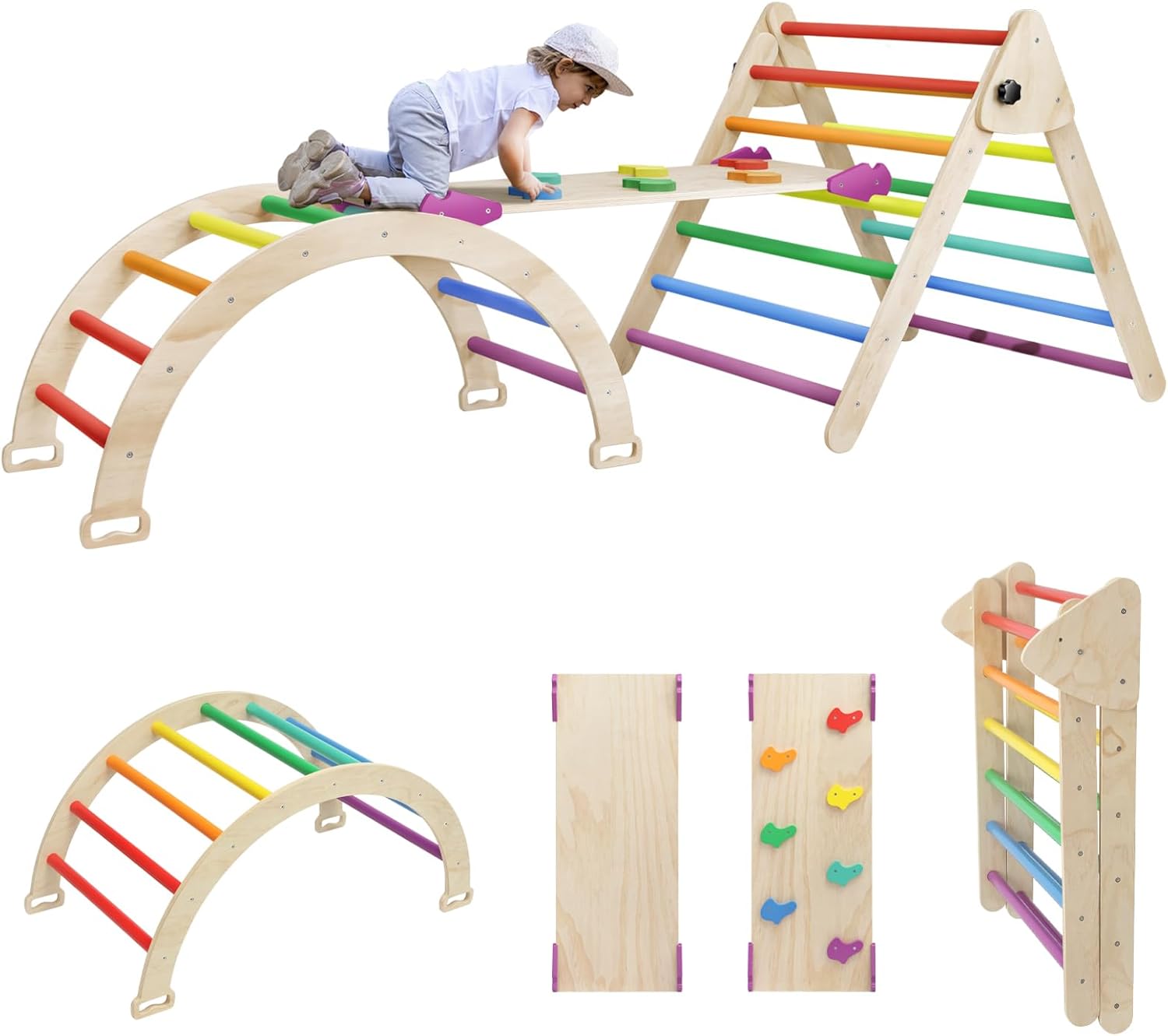 5 in 1 Pikler Triangle Set, Indoor Playground and Gym for Kids, Foldable Wooden Montessori Climbing Set