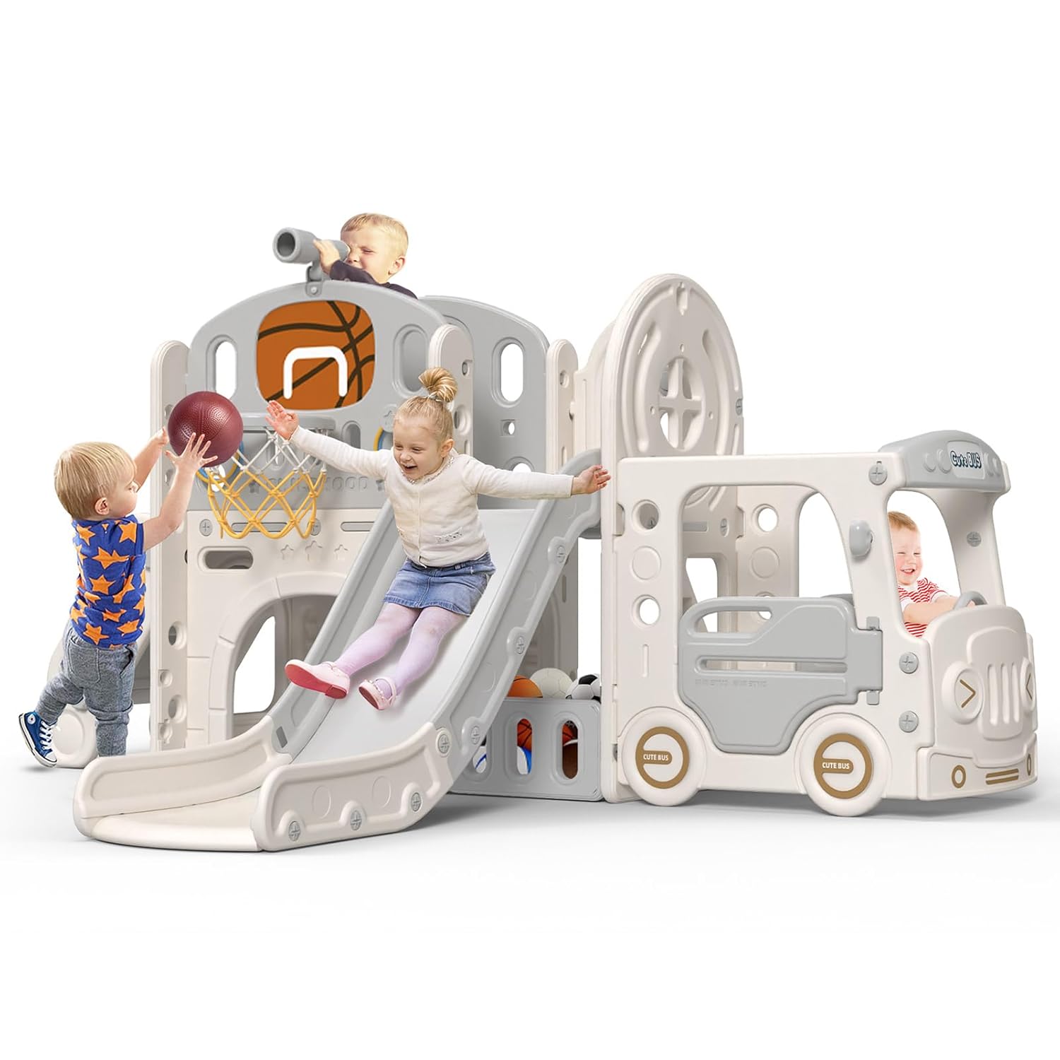 10 in 1 Toddler Slide - Kid Slide for Toddlers Age 1-3 with Ring Toss and Bus Play House, Indoor Outdoor Playset Playground Beige Gray