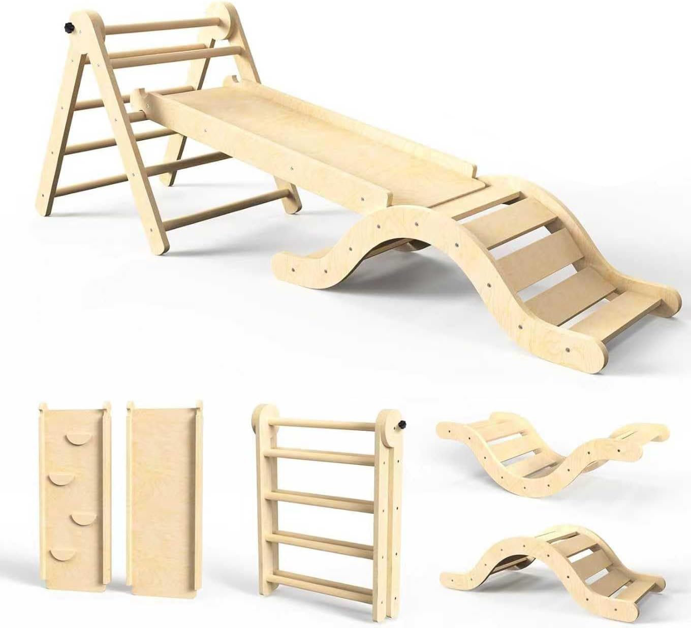 Pikler Triangle Set 7in1 Toddler Climbing Toys Indoor Foldable Baby Climbing Toys Wooden Montessori Climbing Set with Arch, Ramp, Ladder for 1-3 Years