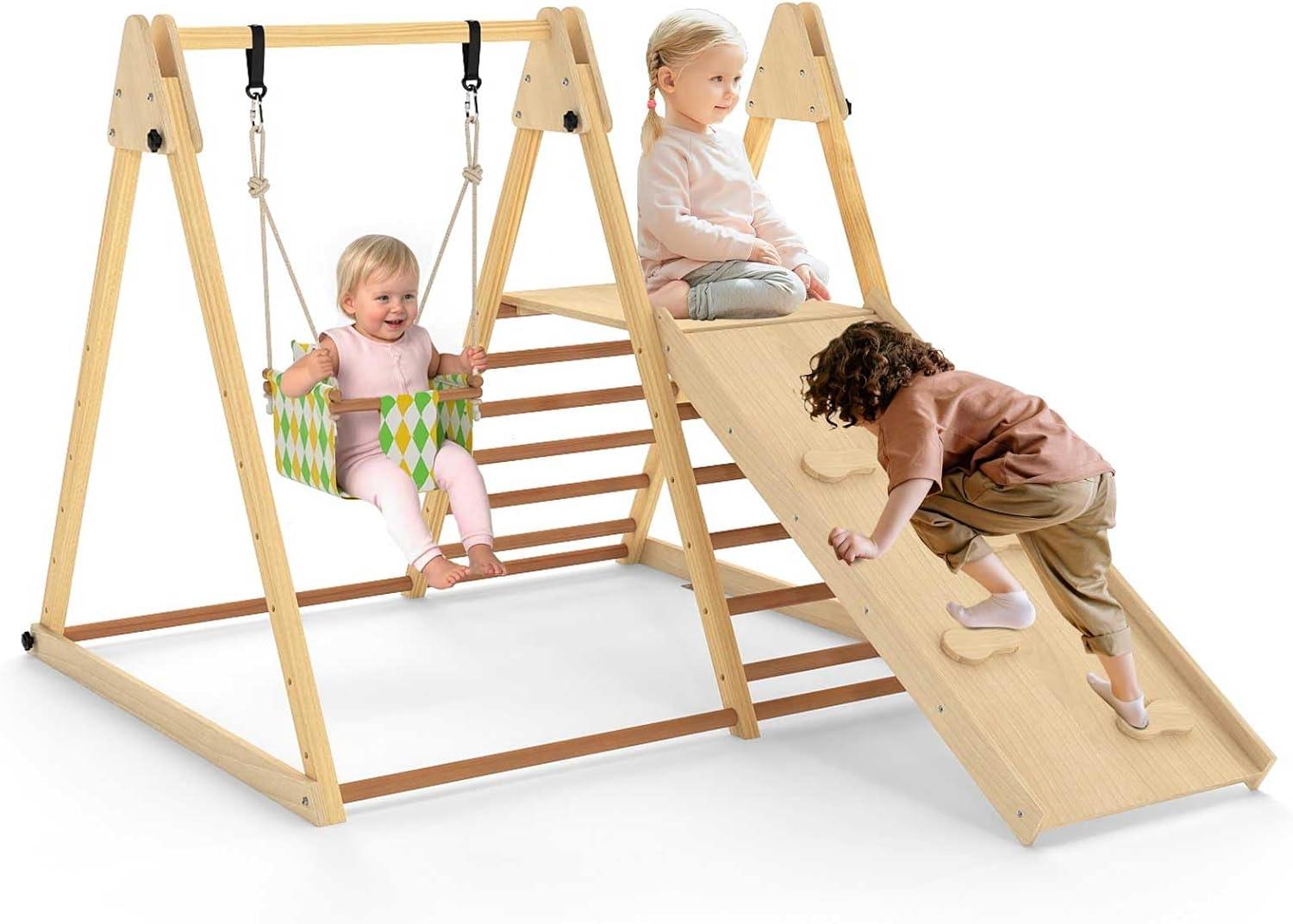 Indoor Jungle Gym, 3 in 1 Wooden Foldable Montessori Toddler Climbing Toys with Adjustable Baby Swing Ramp Ladder