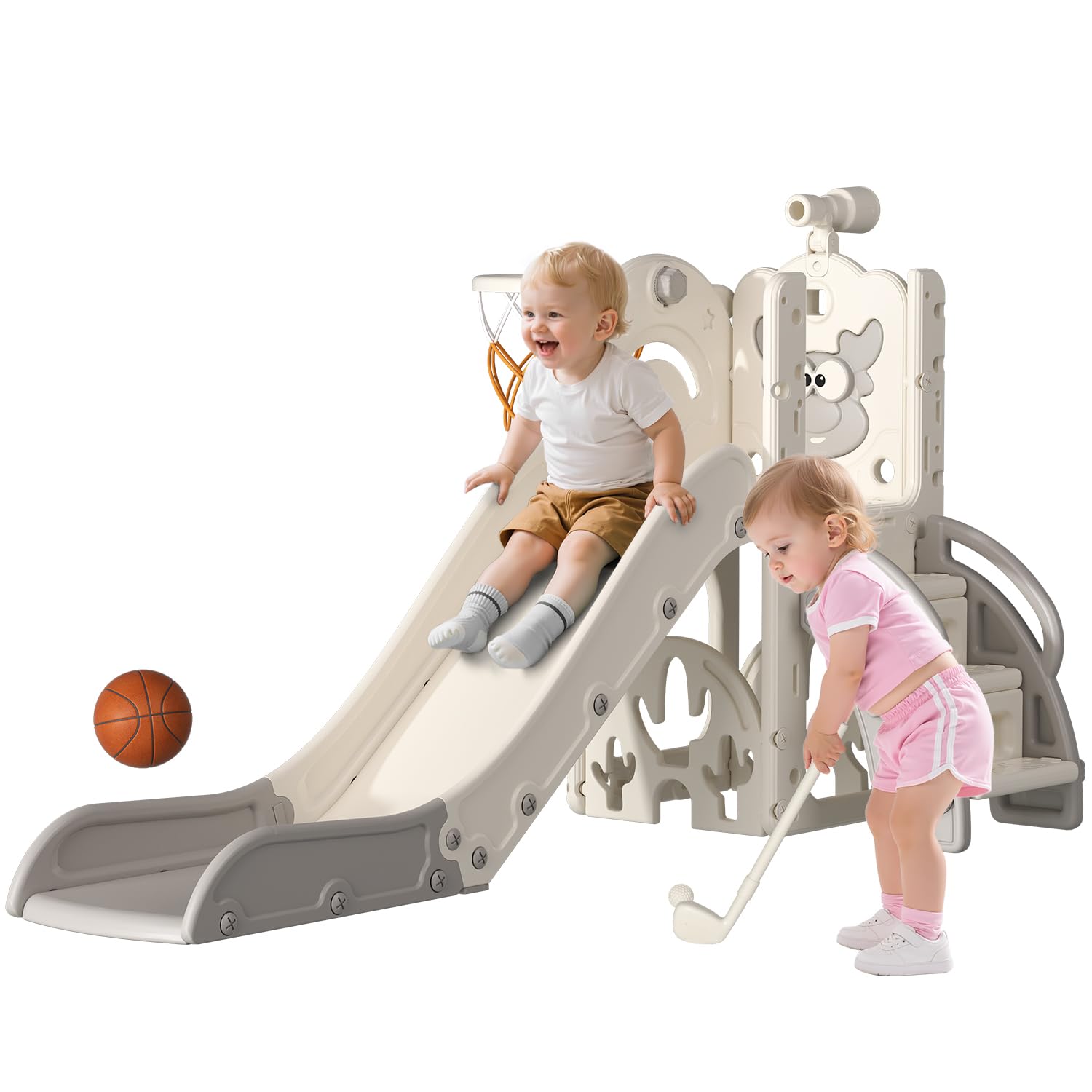 Toddler Slide for Kids,6-in-1 Indoor Outdoor Toddler Slides Playground with Basketball Hoop, Golf Game & Telescope, L-Shaped Baby Slide Climber Playset