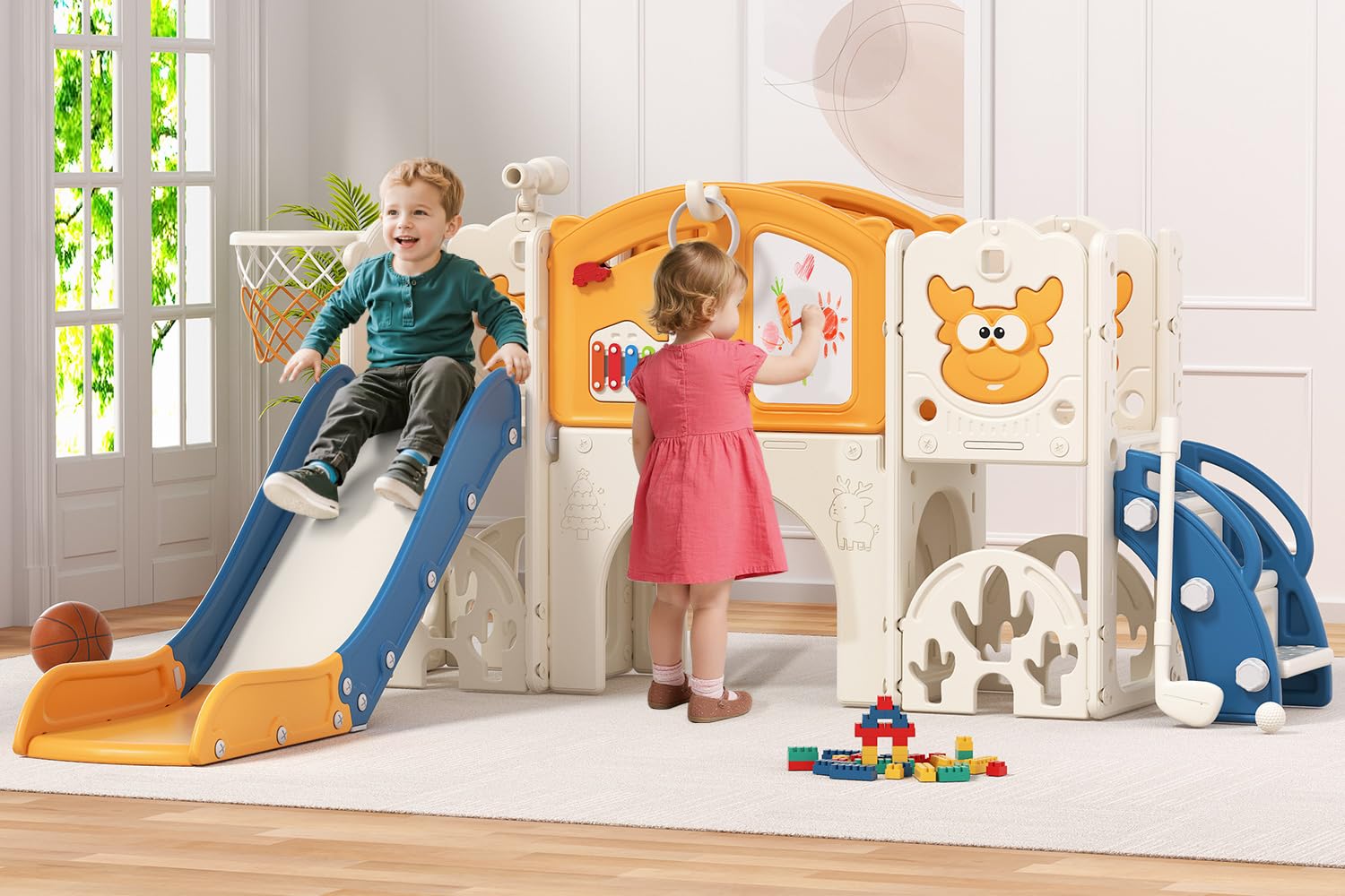 Toddler Slide Set with Basketball Hoop, Golf Game & Drawing Board, 13-in-1 Indoor Outdoor Toddler Slides Playground for Kids Ages 1+