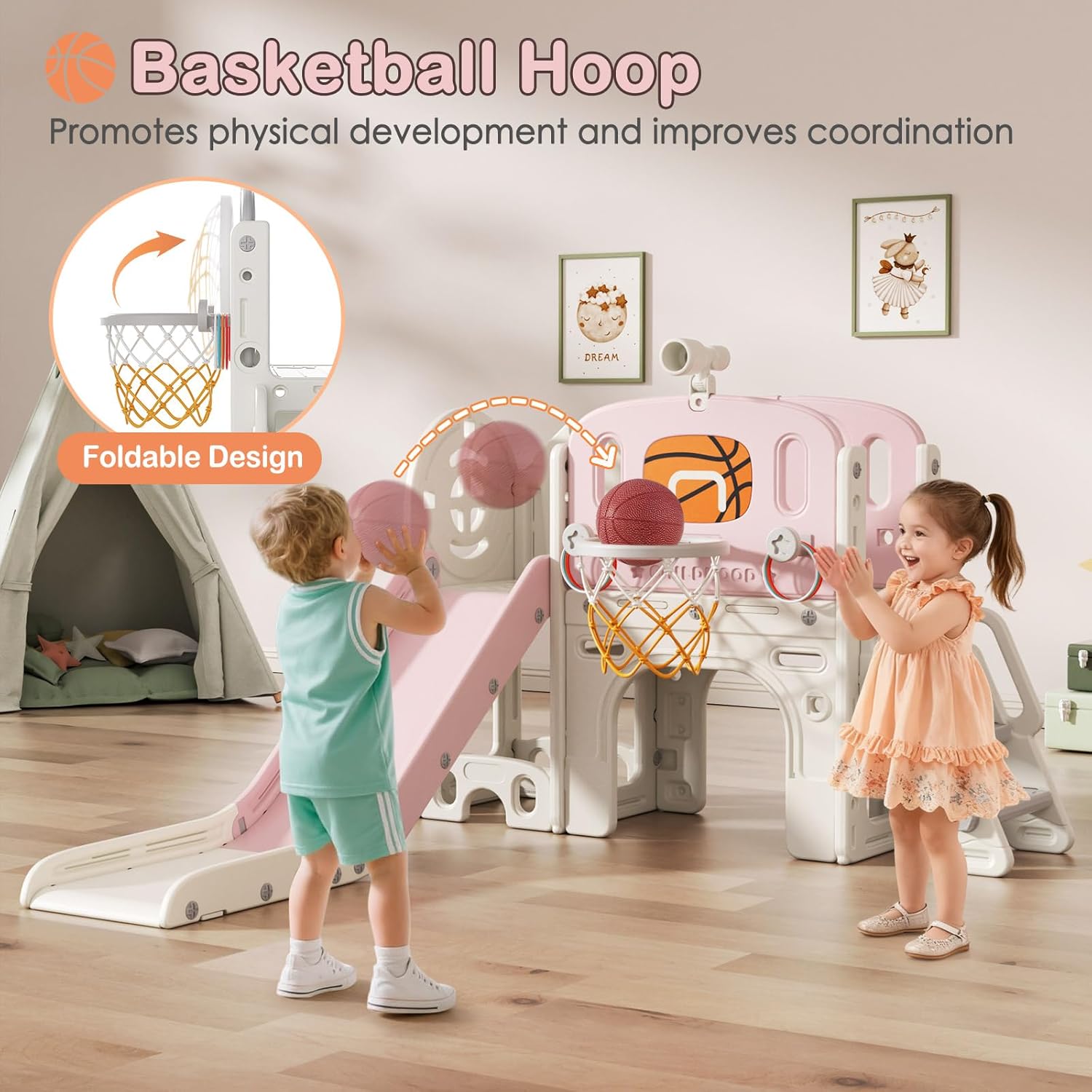 9 in 1 Toddler Slide Set - Baby Slide for Toddlers 1-3 with Ring Toss and Basketball Hoop, Indoor Outdoor Toddler Playset Playground