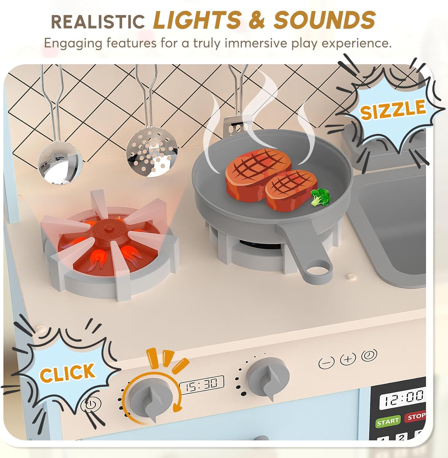 Play Kitchen with Realistic Lights & Sounds, Wooden Kitchen Playset Chef Pretend Play Set for Toddlers