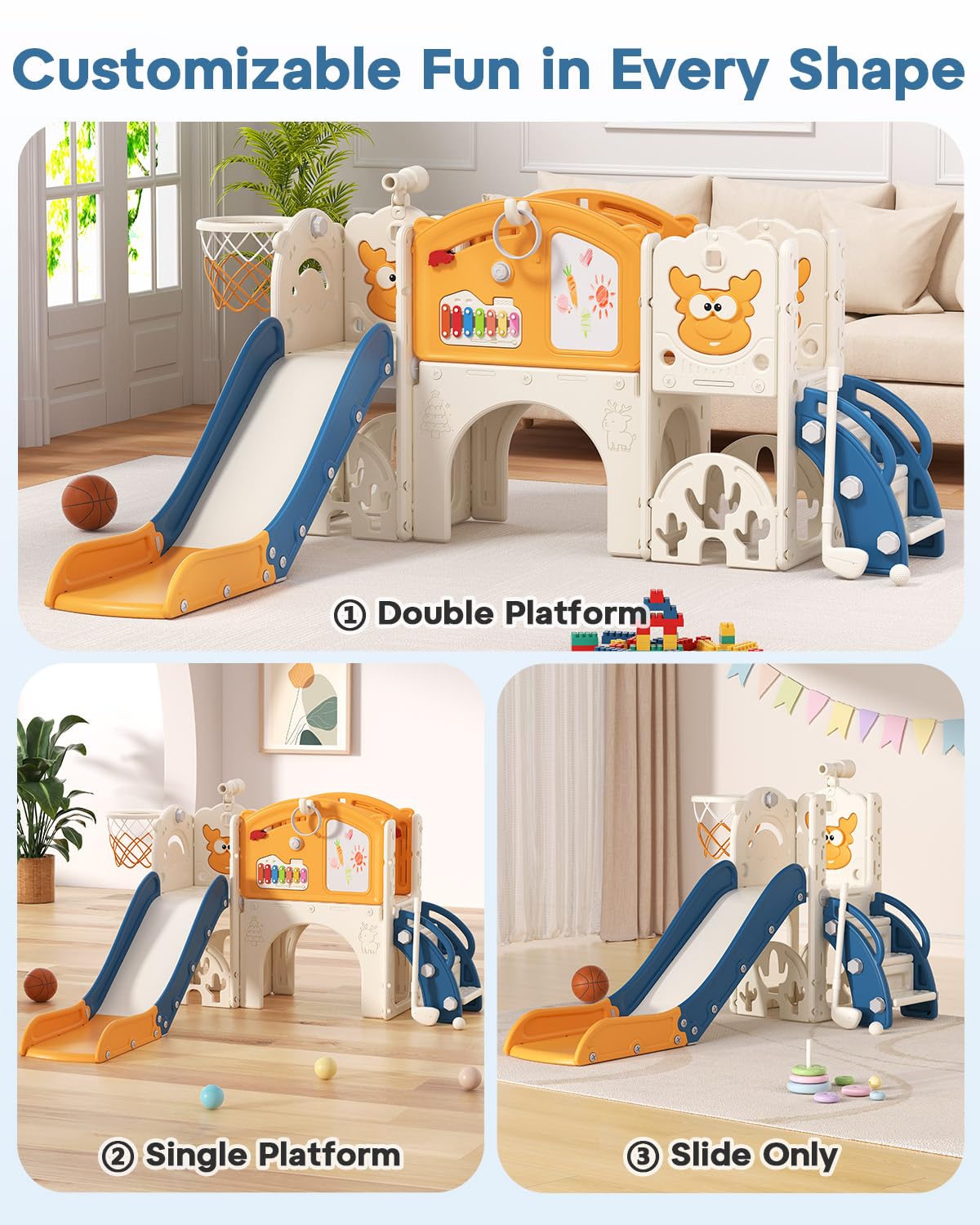 Toddler Slide Set with Basketball Hoop, Golf Game & Drawing Board, 13-in-1 Indoor Outdoor Toddler Slides Playground for Kids Ages 1+