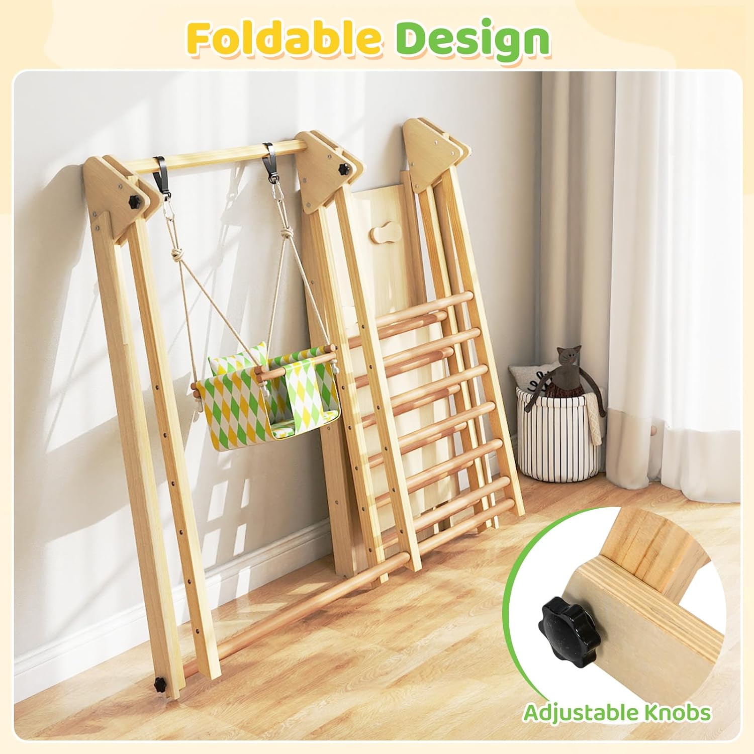 Indoor Jungle Gym, 3 in 1 Wooden Foldable Montessori Toddler Climbing Toys with Adjustable Baby Swing Ramp Ladder