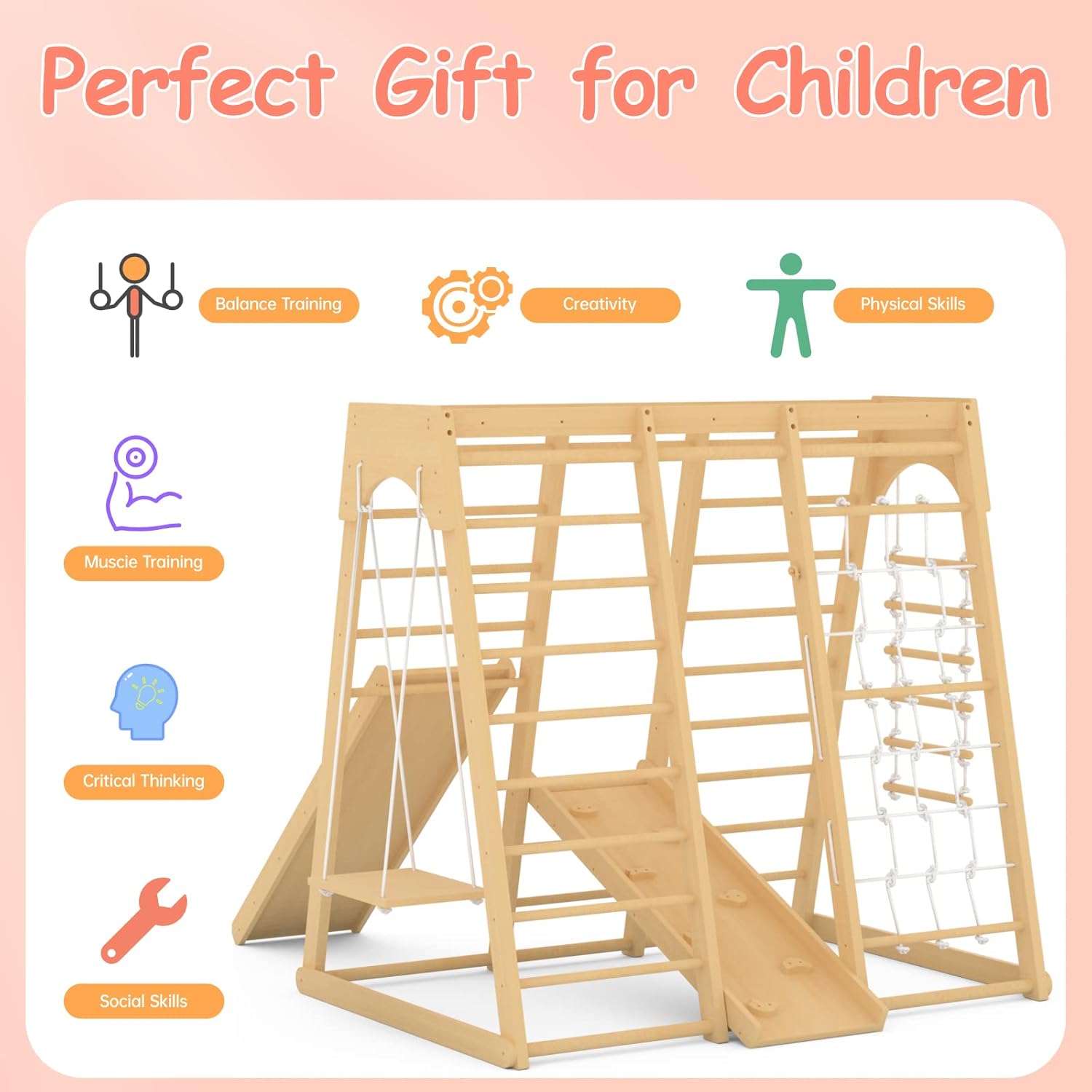 Toddler Jungle Gym, 66" Indoor Playground Set with Swing, Rock Climb Wall, Slide, Monkey Bars, Wood & Rope Ladder