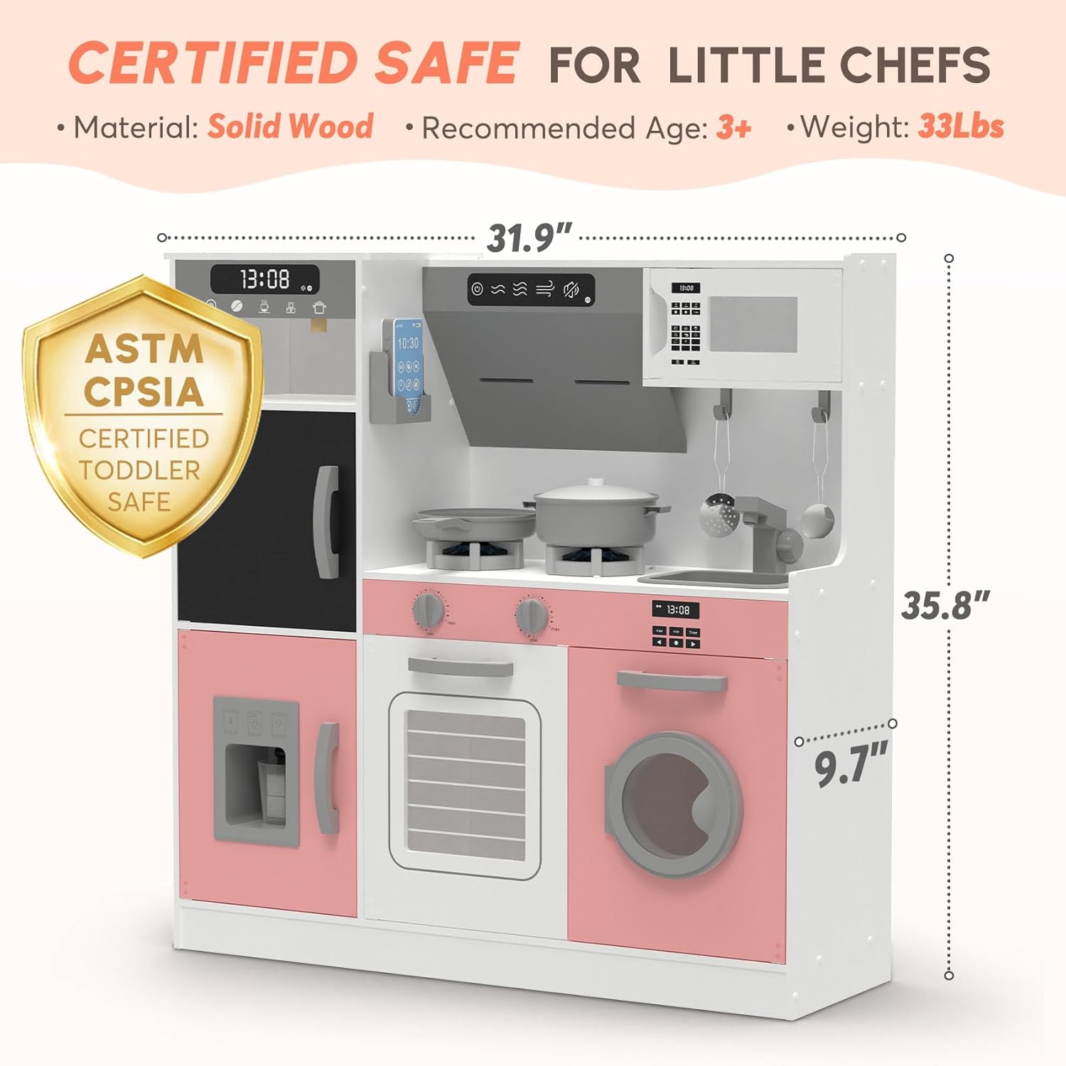 Play Kitchen with Realistic Lights & Sounds, Wooden Kitchen Playset with 28 Pcs Toy Food & Cookware Accessories