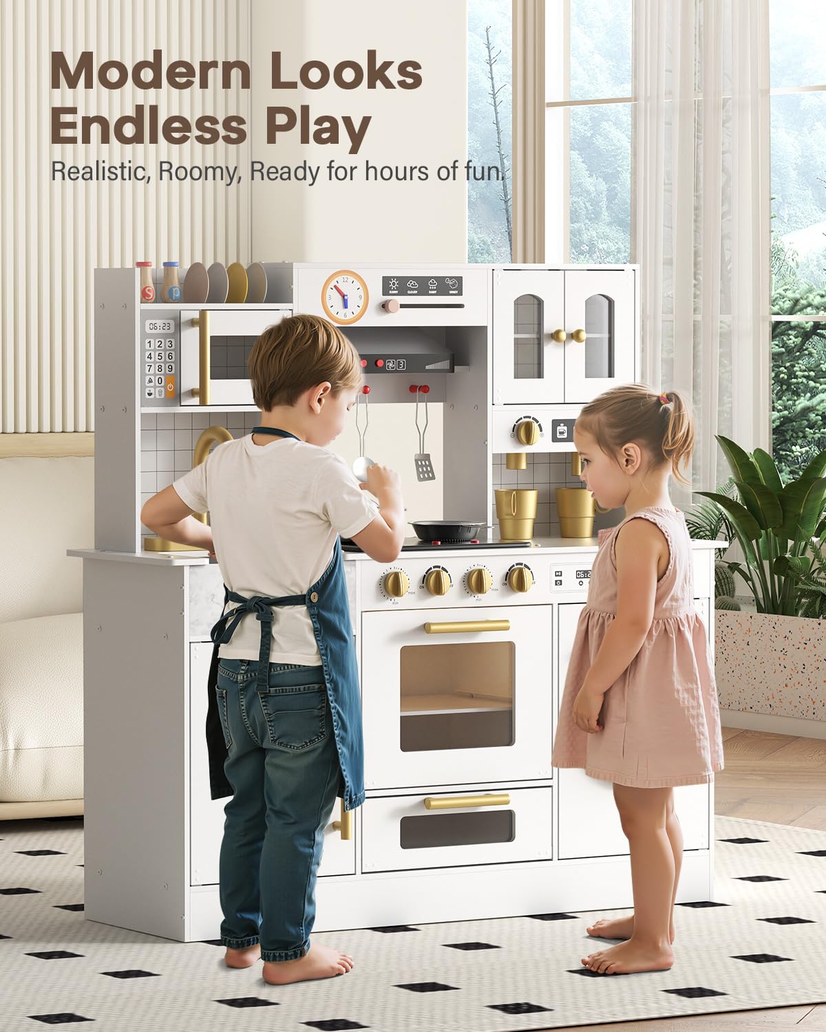 Wooden Play Kitchen for Kids Ages 3-8 with Lights & Sounds, Pretend Play Kitchen Set with Stove