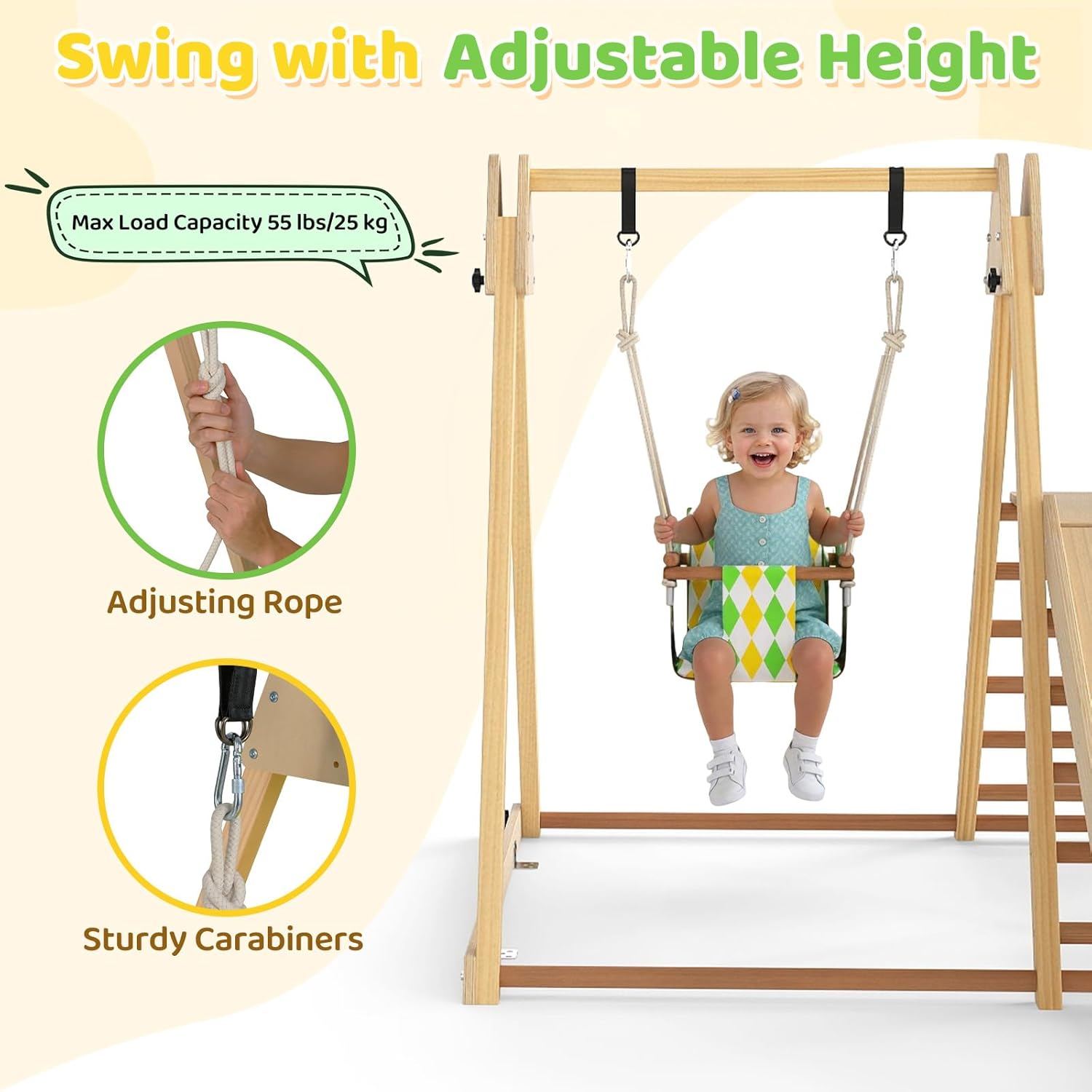 Indoor Jungle Gym, 3 in 1 Wooden Foldable Montessori Toddler Climbing Toys with Adjustable Baby Swing Ramp Ladder