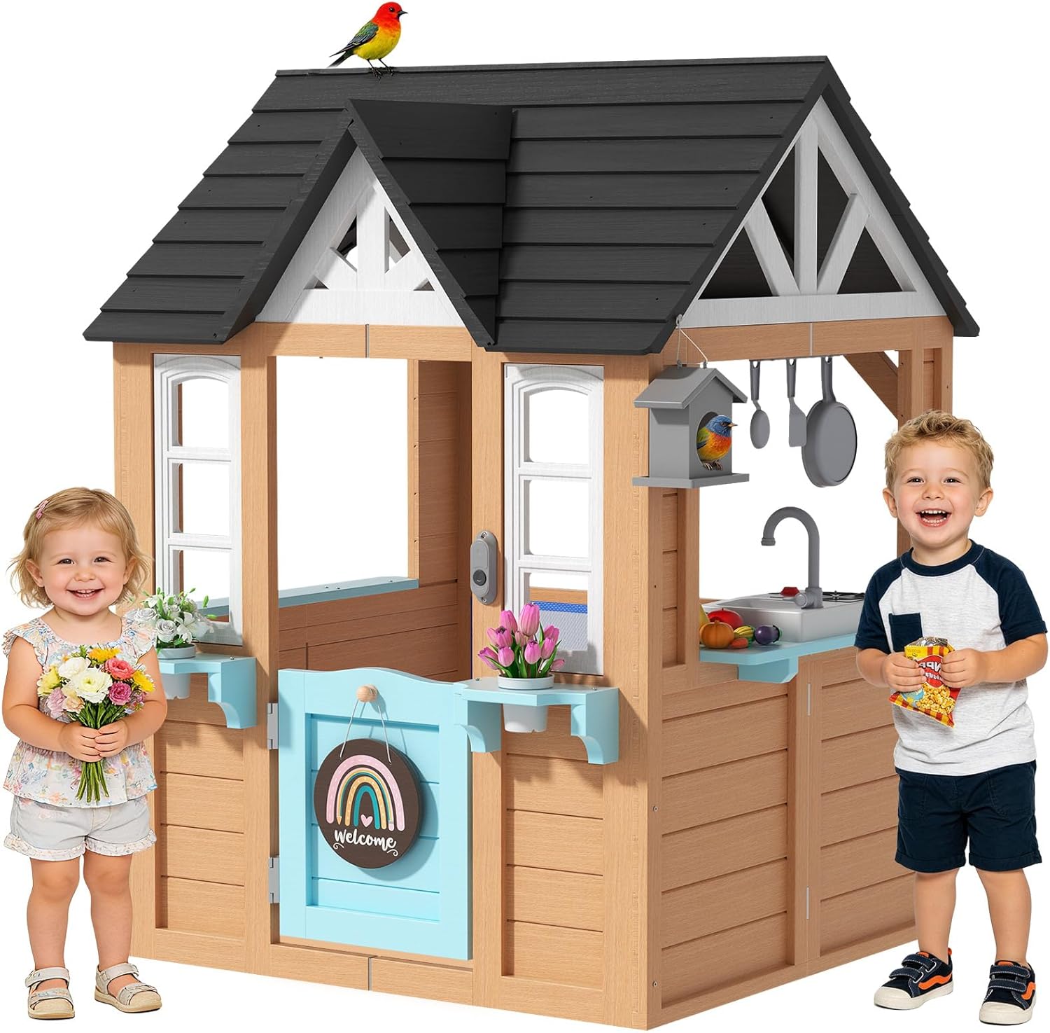 Outdoor Playhouse for Kids - Wooden Kid Play House with Play Kitchen, Birdhouse, Flowerpot Holders and Mud Molds