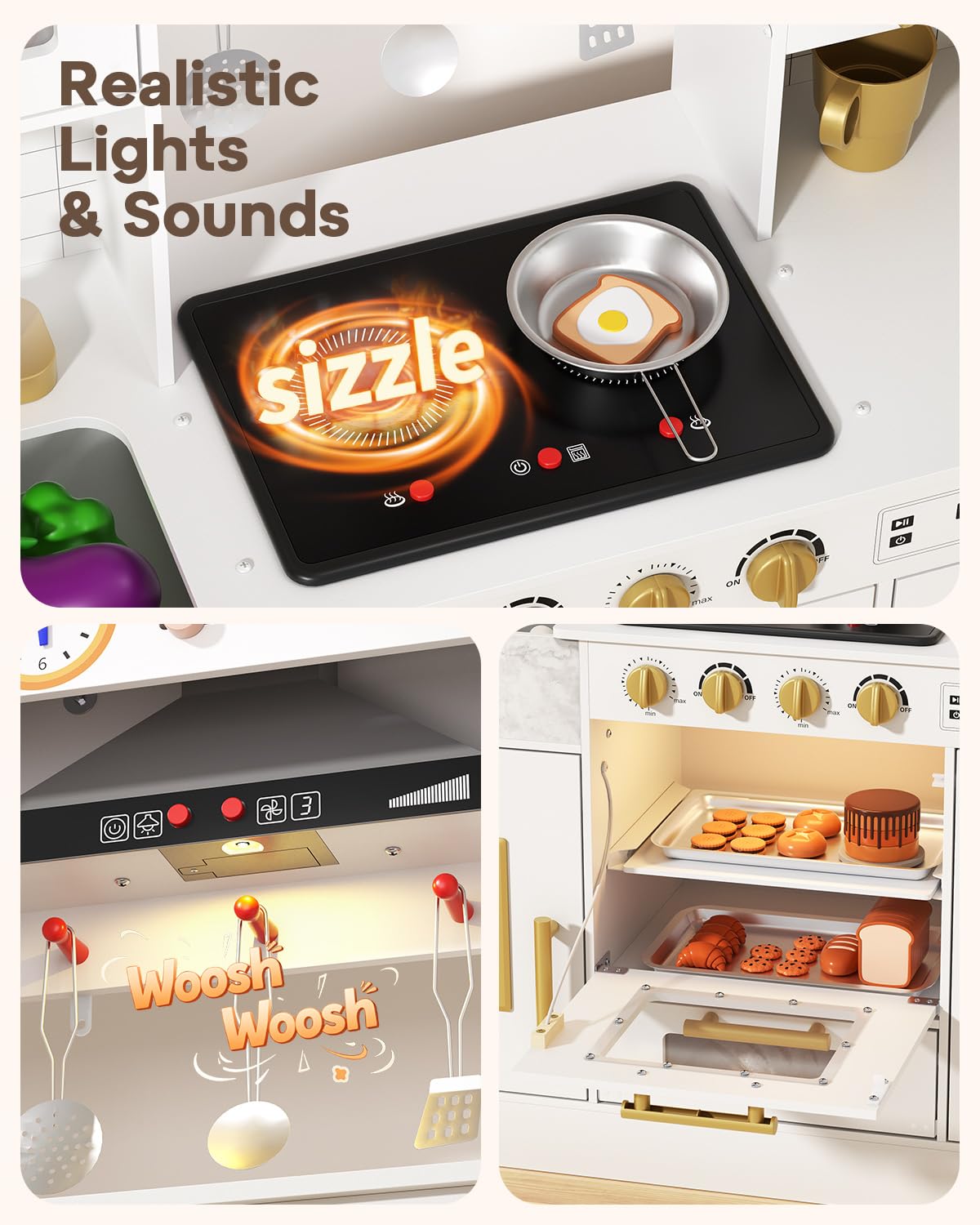 Wooden Play Kitchen for Kids Ages 3-8 with Lights & Sounds, Pretend Play Kitchen Set with Stove