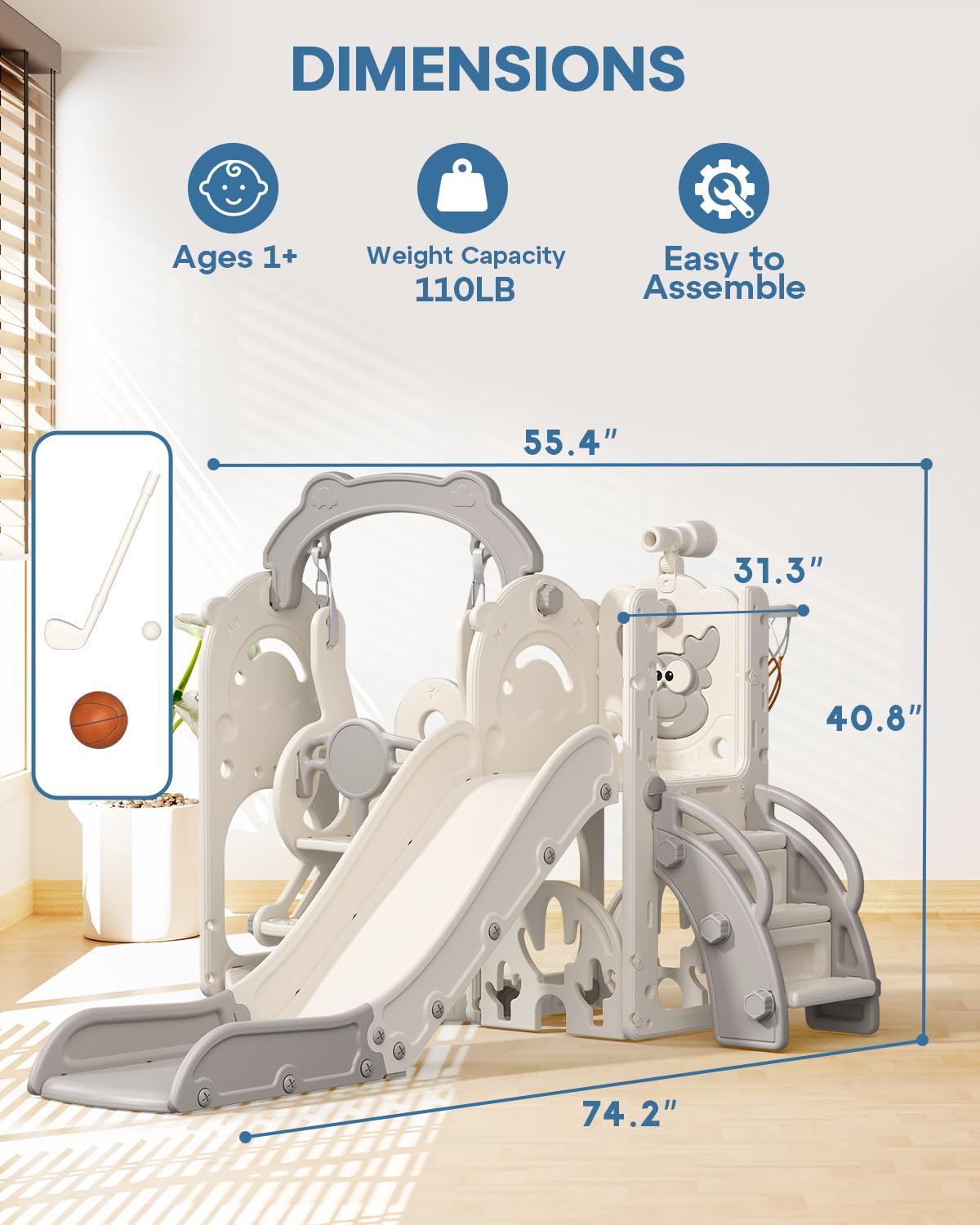 7-in-1 Indoor Outdoor Toddler Playset with Climber, Basketball Hoop & Golf Toys