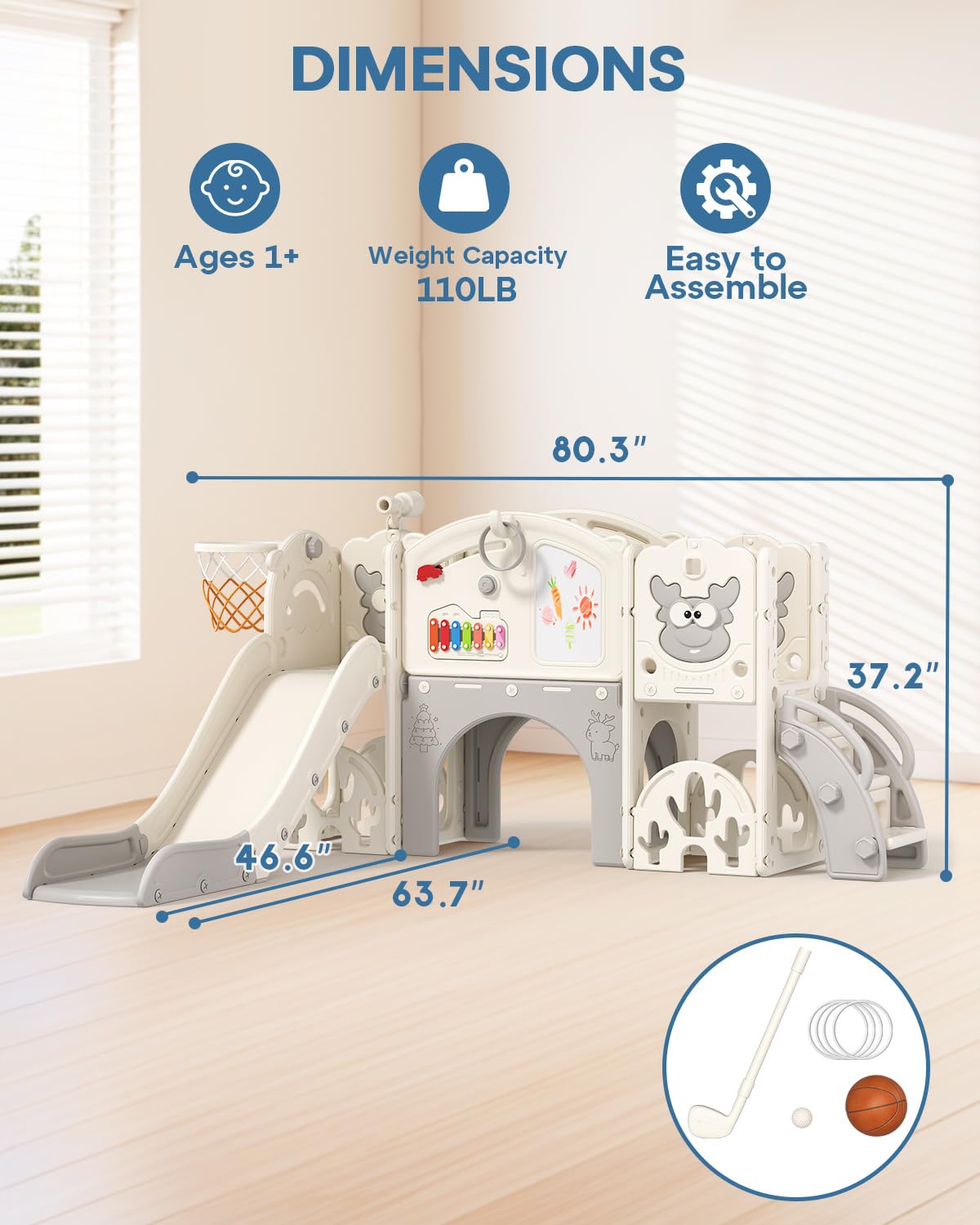 Toddler Slide Set with Basketball Hoop, Golf Game & Drawing Board, 13-in-1 Indoor Outdoor Toddler Slides Playground for Kids Ages 1+