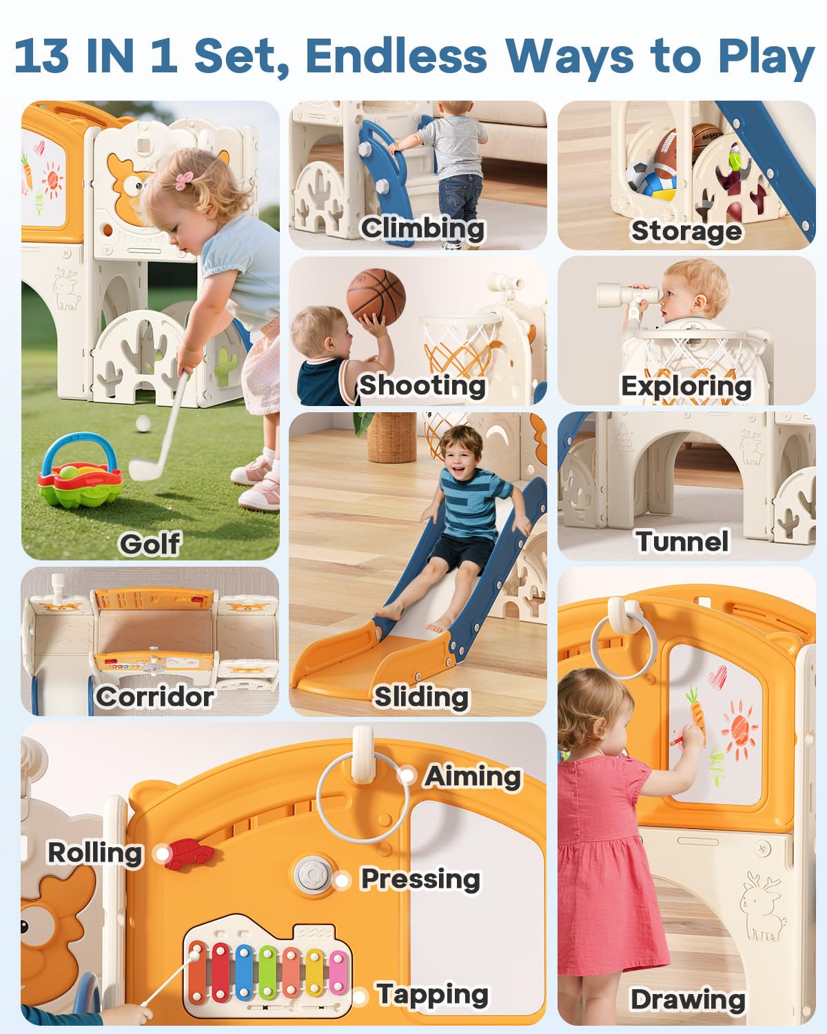 Toddler Slide Set with Basketball Hoop, Golf Game & Drawing Board, 13-in-1 Indoor Outdoor Toddler Slides Playground for Kids Ages 1+