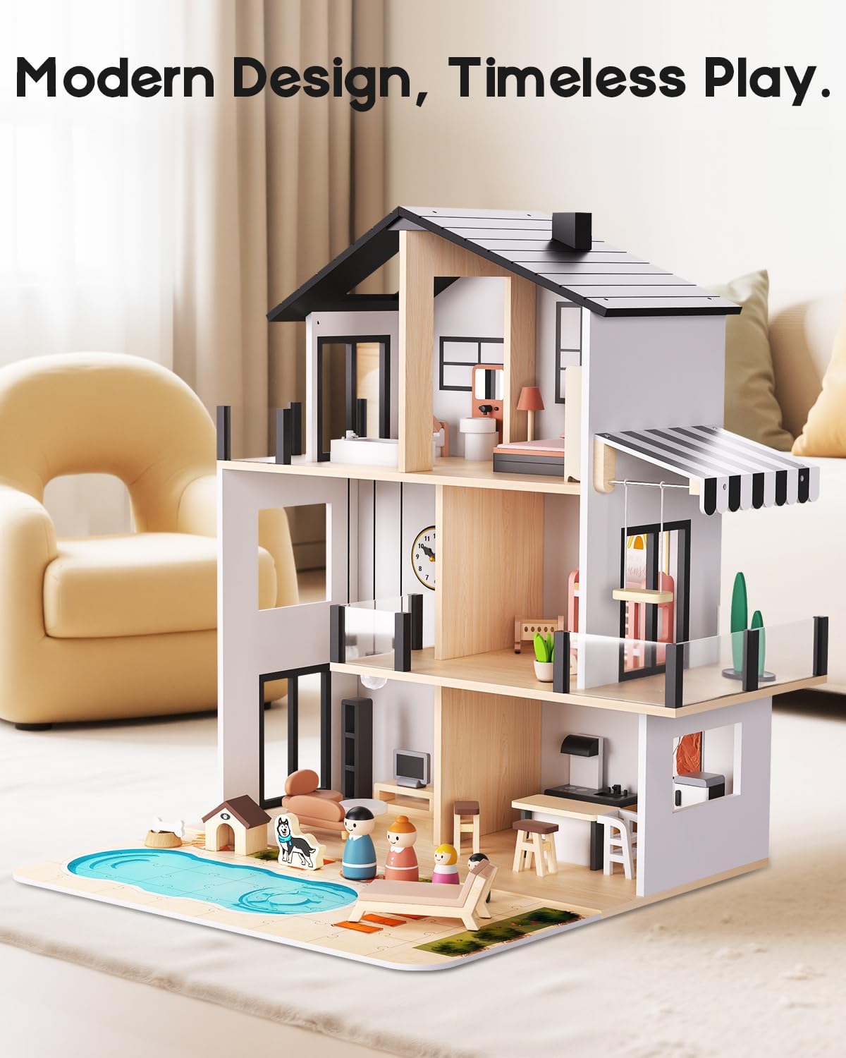 Wooden Dollhouse, Large Modern Doll House with 49Pcs Furniture Accessories, Dolls & Pets, DIY Puzzle Pool Yard, Wood Dollhouse Toy for Toddlers 3+, Ideal Gift for Boys and Girls (Black)