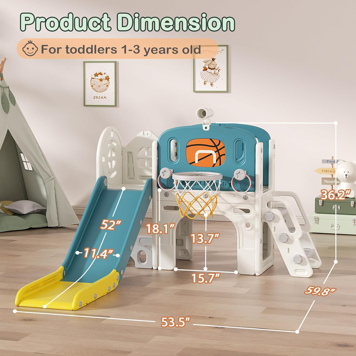 9 in 1 Toddler Slide Set - Baby Slide for Toddlers 1-3 with Ring Toss and Basketball Hoop, Indoor Outdoor Toddler Playset Playground