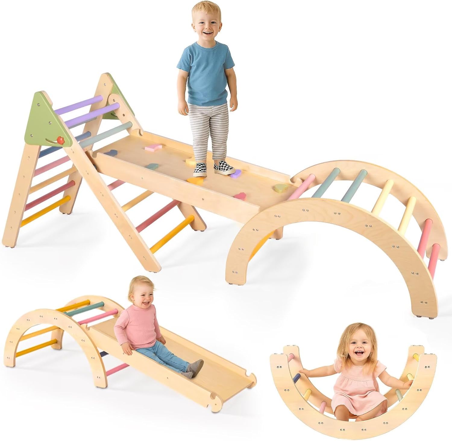 7-in-1 Pikler Triangle Set Toddler Climbing Toys Indoor, Montessori Baby Climbing Gym