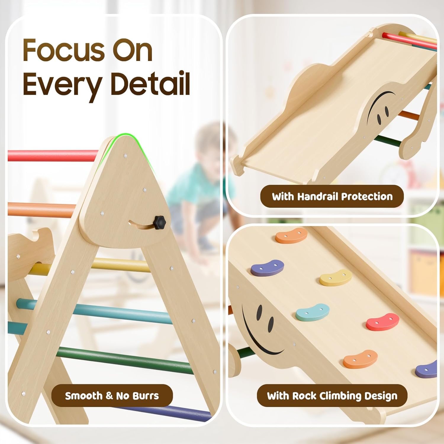 Pikler Triangle Set - 8 in 1 Toddler Climbing Toys Indoor Wooden, Montessori Pickler Climbing Set with Ramp