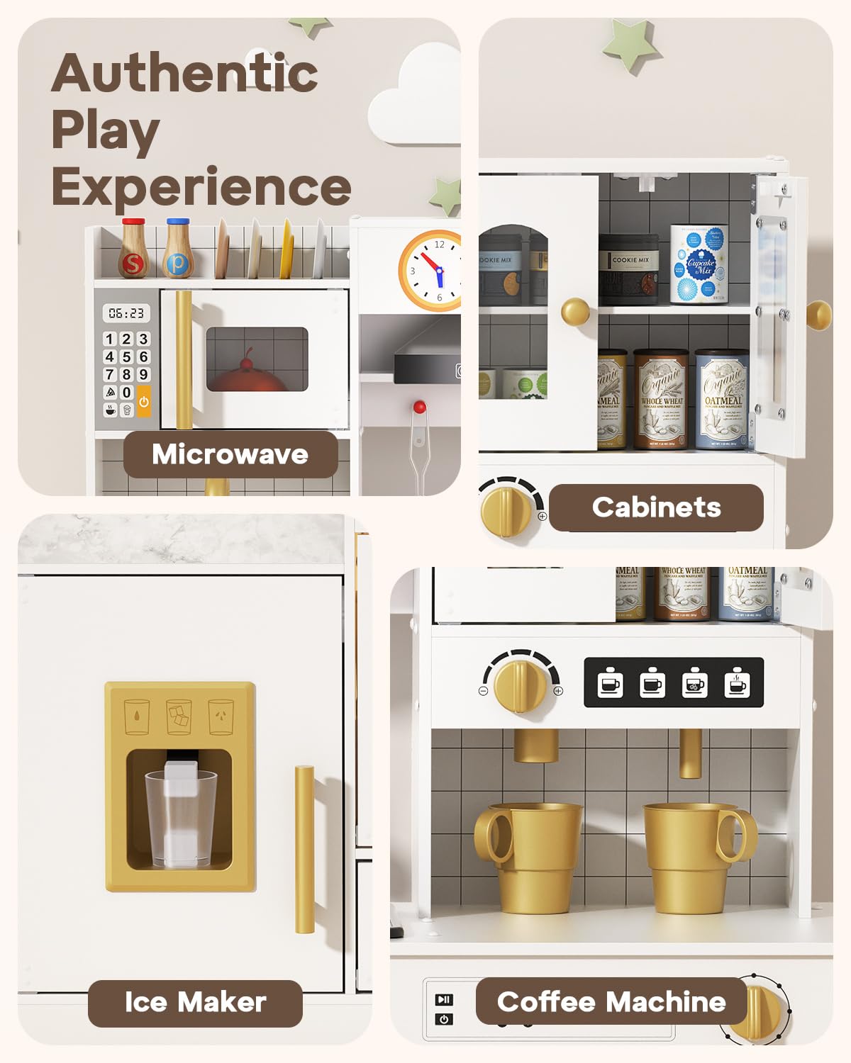 Wooden Play Kitchen for Kids Ages 3-8 with Lights & Sounds, Pretend Play Kitchen Set with Stove