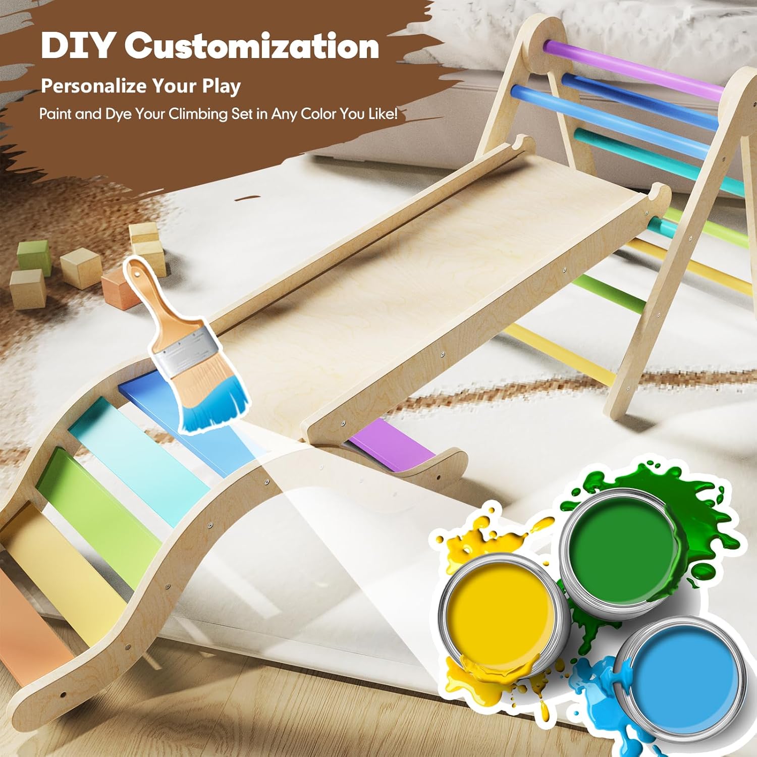 Pikler Triangle Set 7in1 Toddler Climbing Toys Indoor Foldable Baby Climbing Toys Wooden Montessori Climbing Set with Arch, Ramp, Ladder for 1-3 Years