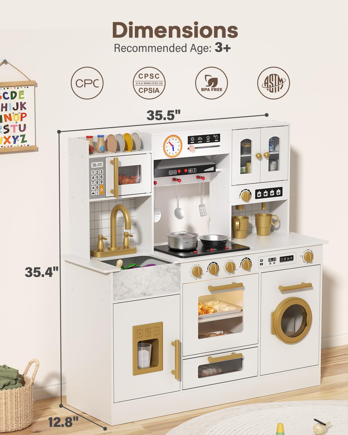 Wooden Play Kitchen for Kids Ages 3-8 with Lights & Sounds, Pretend Play Kitchen Set with Stove