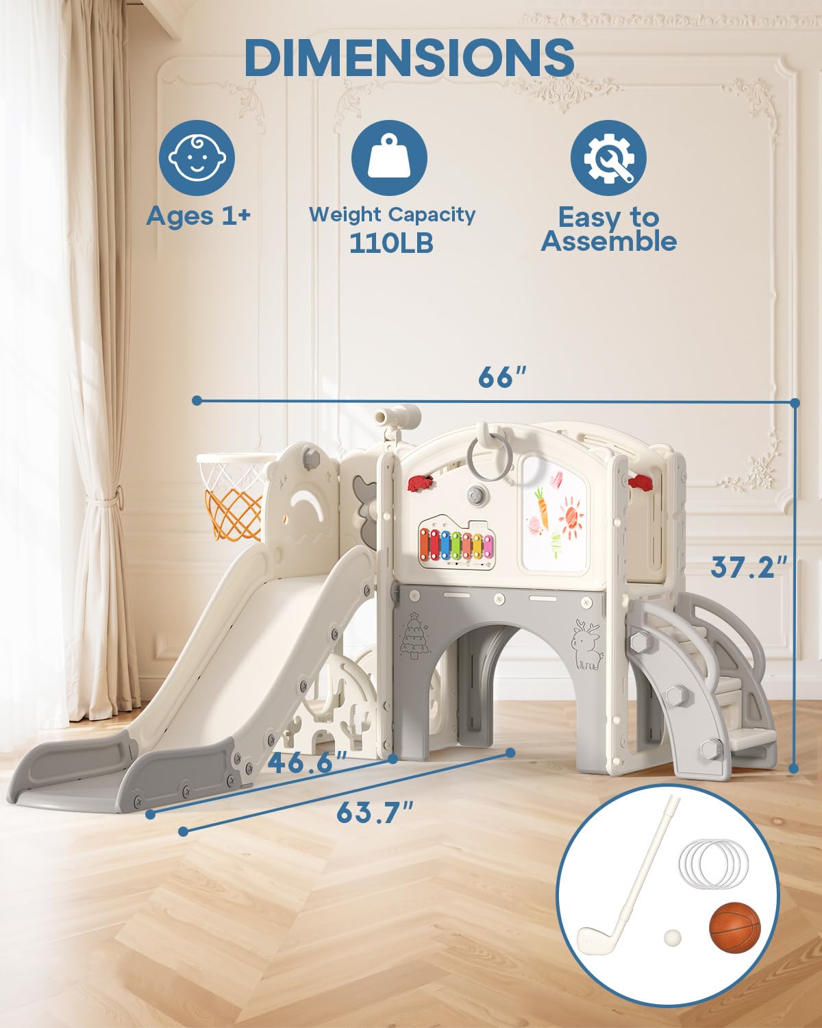 13 in 1 Kids Indoor Slide for Toddler 1-3, Indoor Outdoor Toddler Slide Playset with Basketball Hoop, Golf Game & Drawing Board, Baby Indoor Slide Playground