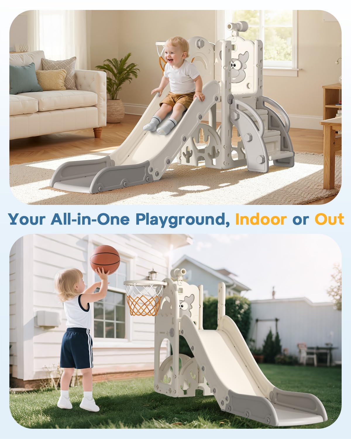 Toddler Slide for Kids,6-in-1 Indoor Outdoor Toddler Slides Playground with Basketball Hoop, Golf Game & Telescope, L-Shaped Baby Slide Climber Playset