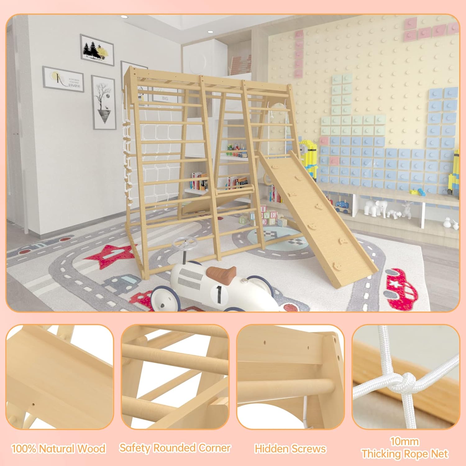 Toddler Jungle Gym, 66" Indoor Playground Set with Swing, Rock Climb Wall, Slide, Monkey Bars, Wood & Rope Ladder