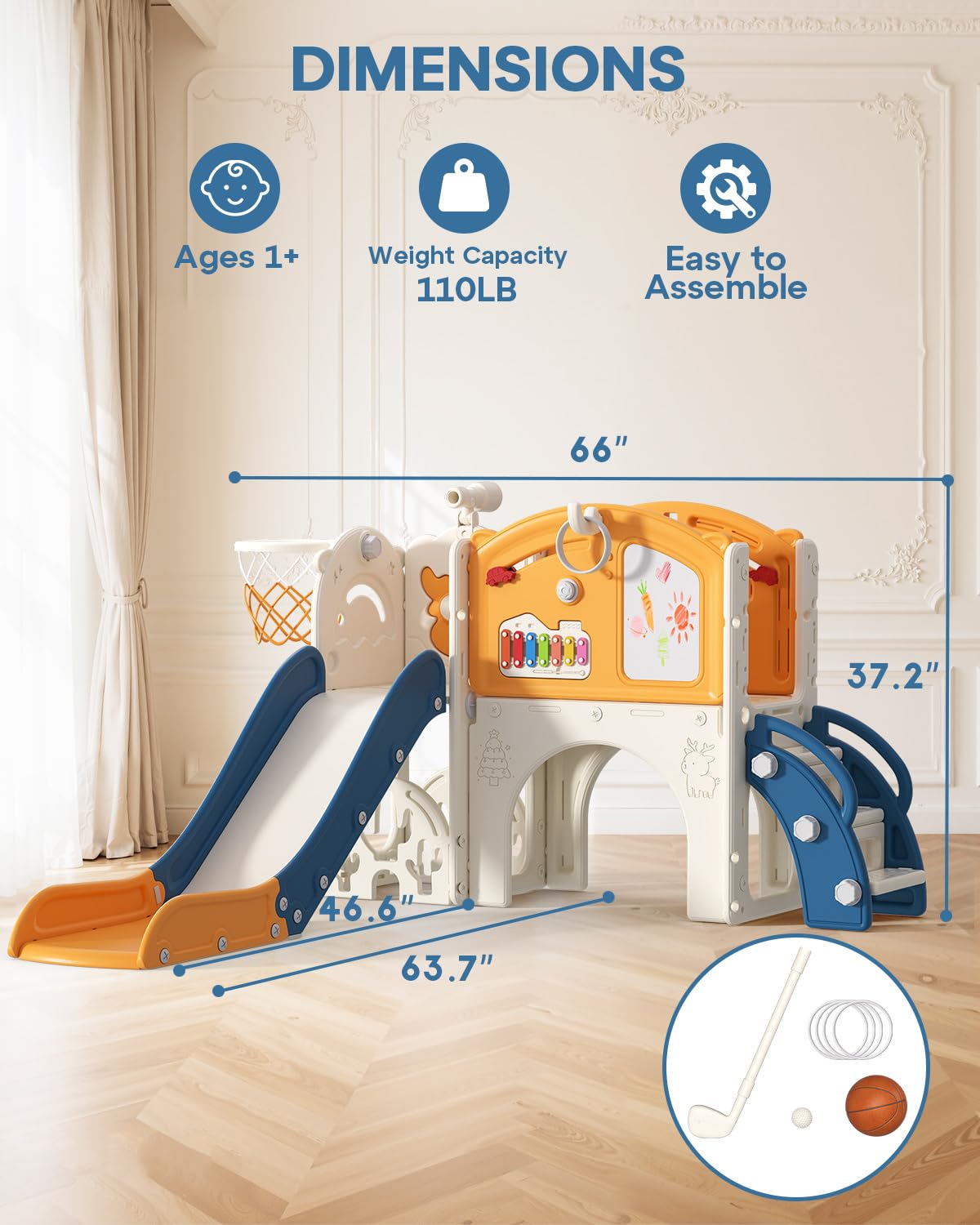 13 in 1 Kids Indoor Slide for Toddler 1-3, Indoor Outdoor Toddler Slide Playset with Basketball Hoop, Golf Game & Drawing Board, Baby Indoor Slide Playground