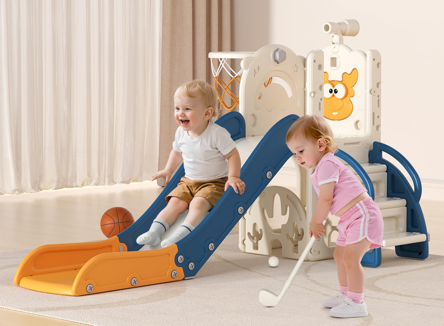 Toddler Slide for Kids,6-in-1 Indoor Outdoor Toddler Slides Playground with Basketball Hoop, Golf Game & Telescope, L-Shaped Baby Slide Climber Playset