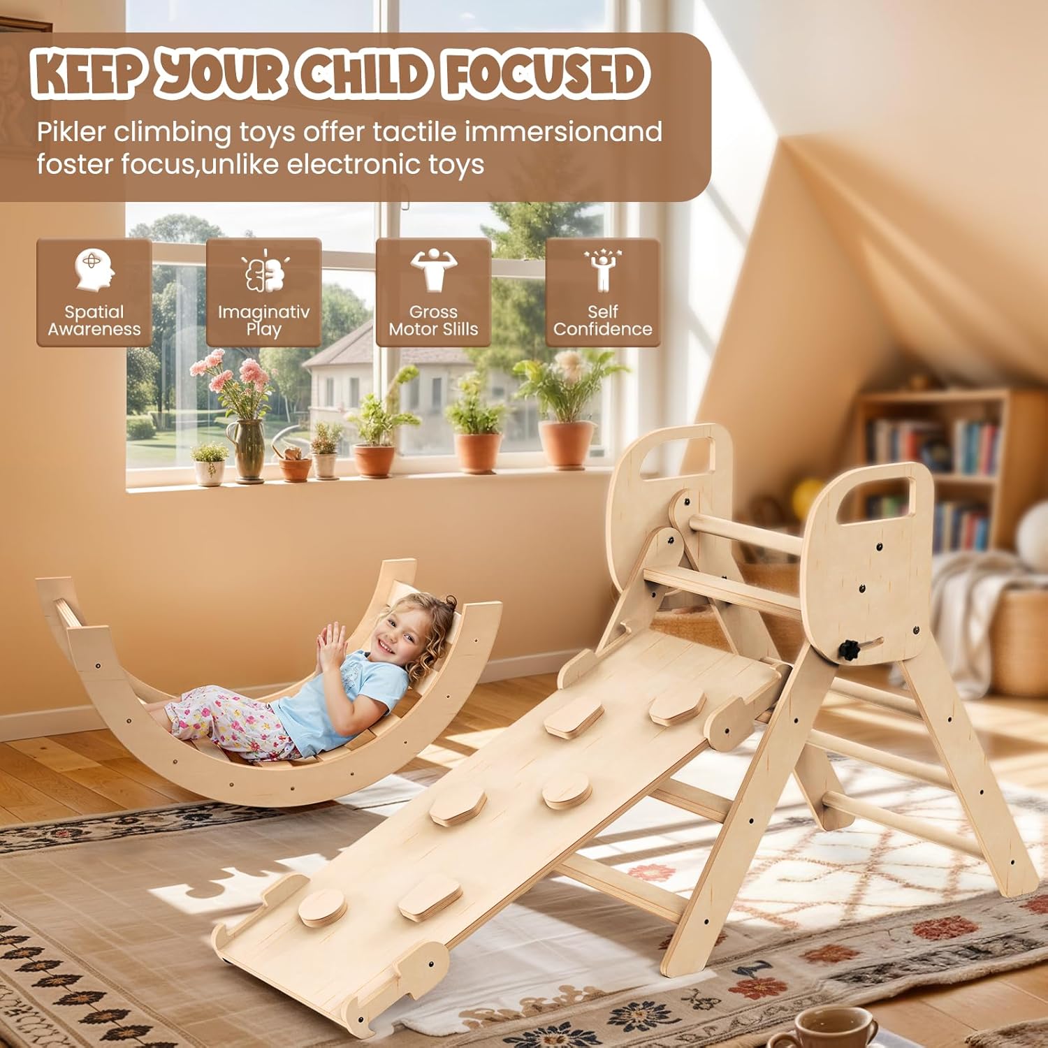 Pikler Triangle Set Foldable Wooden Toddler Climbing Toys Indoor, Playground Jungle Gym